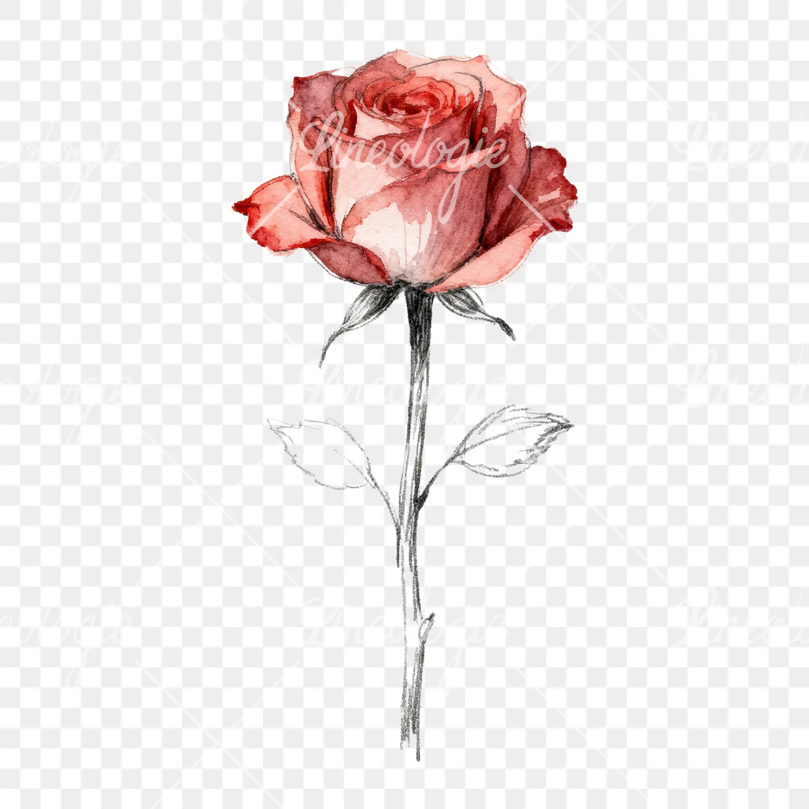 Watercolor red and pink rose with stems clipart 8 of 10 on a transparent background (PNG)