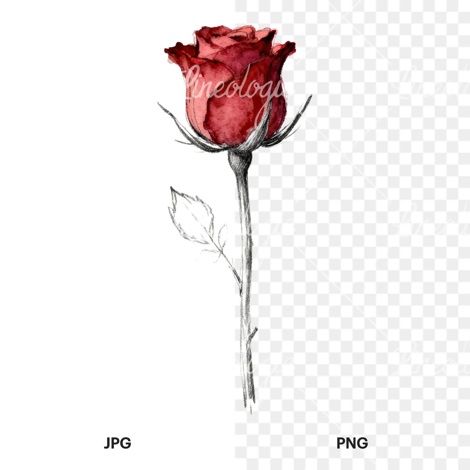 Watercolor red and pink rose with stems clipart 10 of 10, as a JPG on white and a transparent PNG