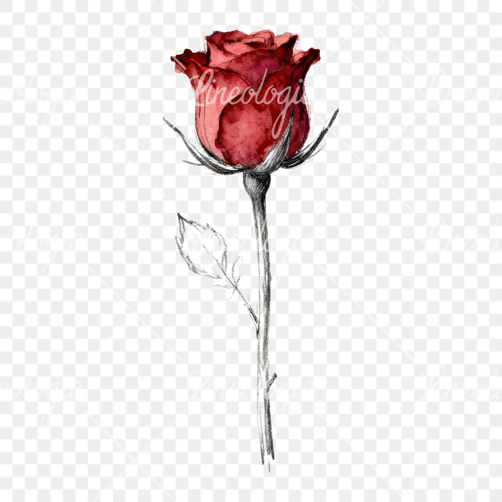 Watercolor red and pink rose with stems clipart 10 of 10 on a transparent background (PNG)