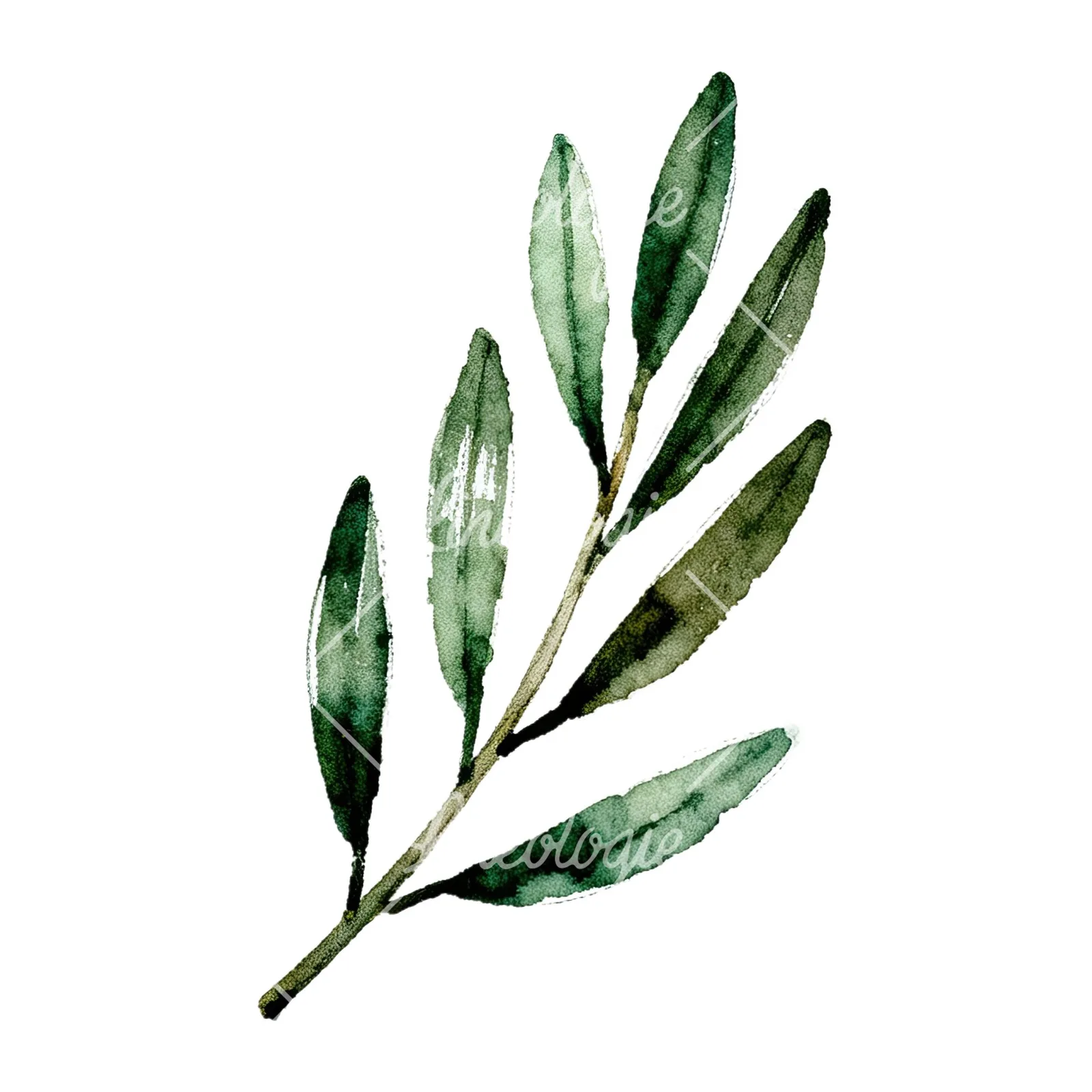 Watercolor olive branch with sketch leaf clipart 3 of 11 on a white background (JPG)