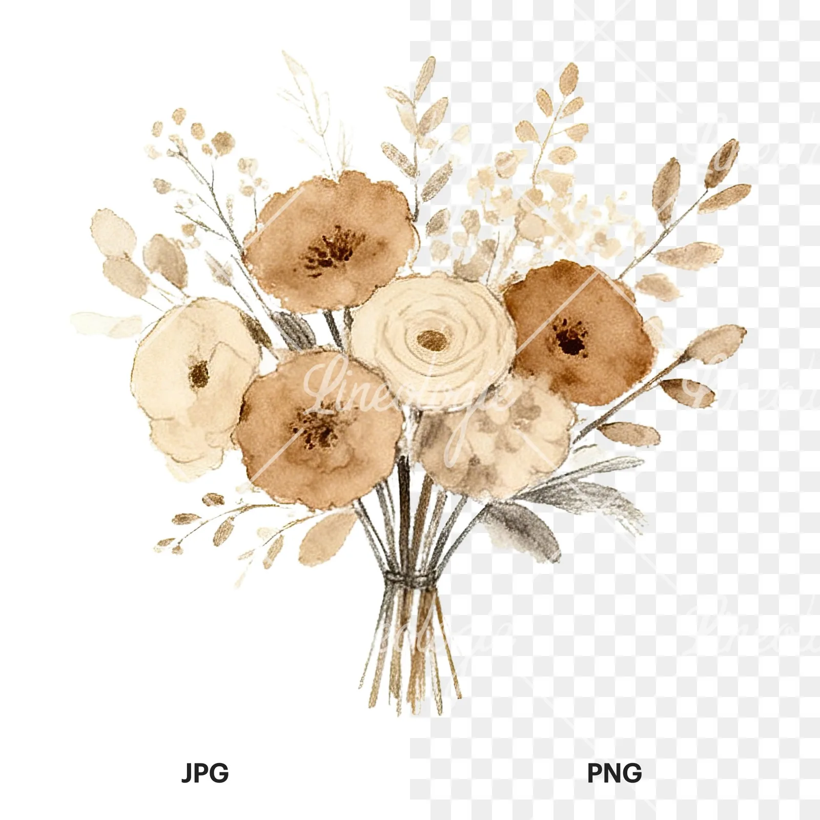 Watercolor earthy boho wedding bouquet clipart 1 of 12, as a JPG on white and a transparent PNG