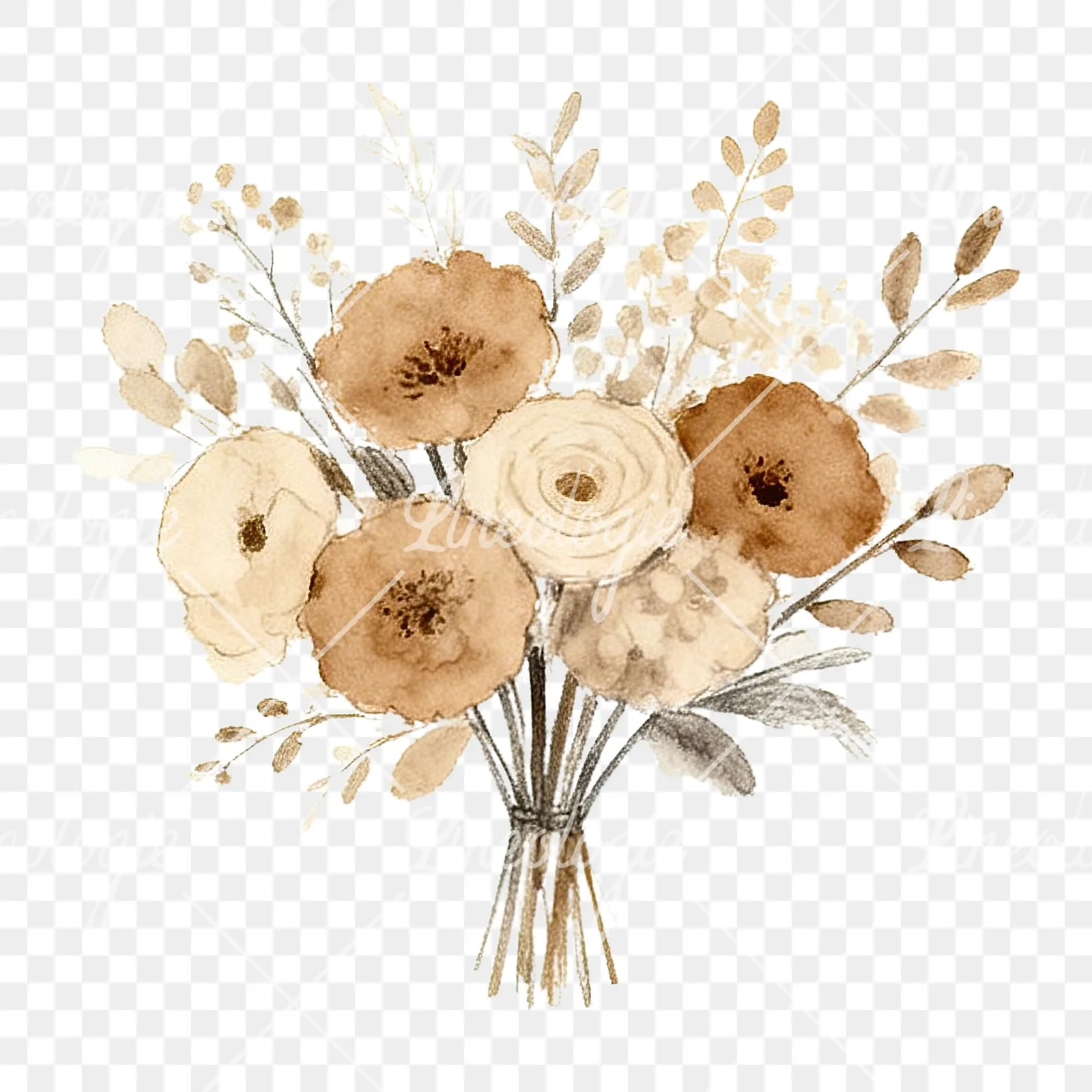 Watercolor earthy boho wedding bouquet clipart 1 of 12 on a transparent background (PNG)