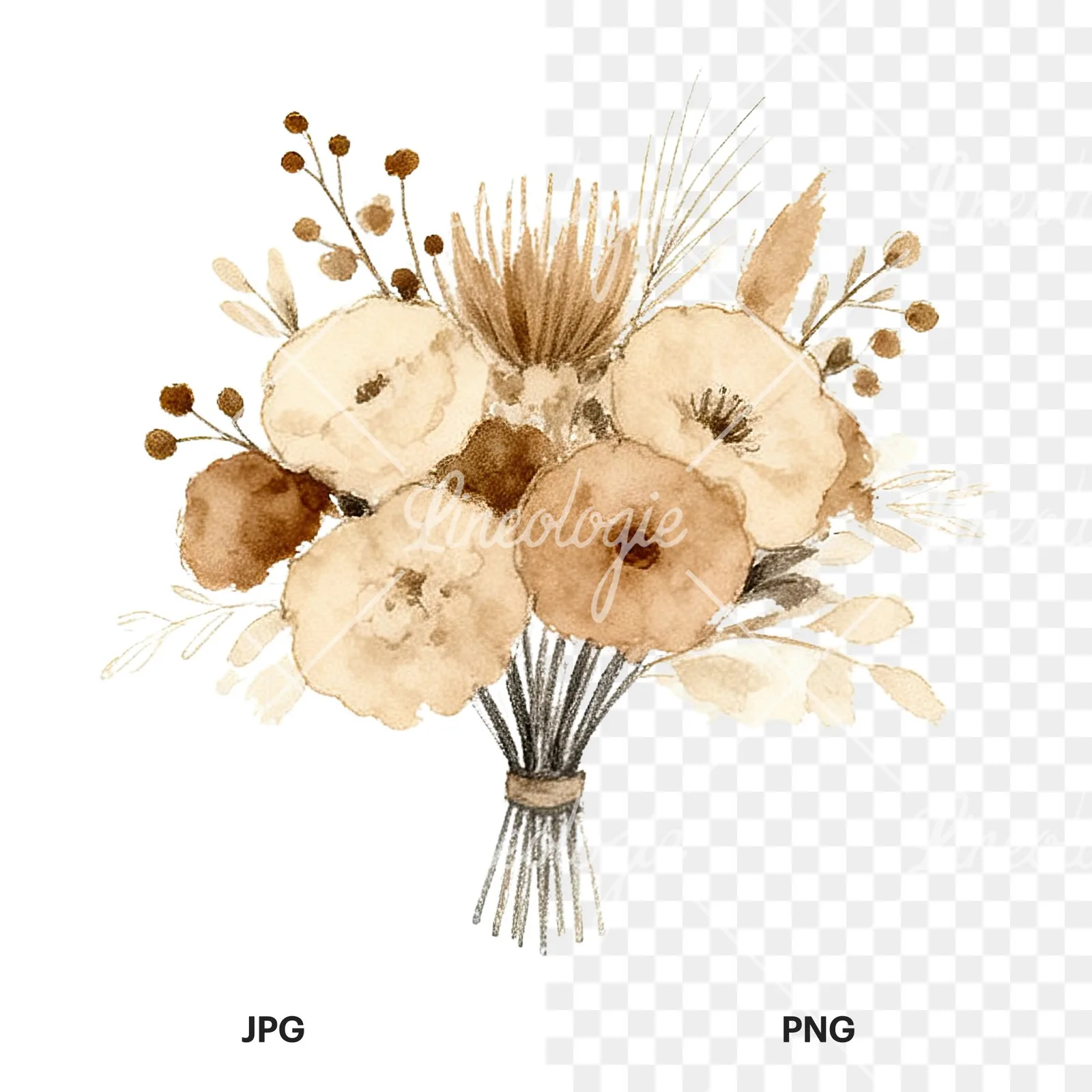 Watercolor earthy boho wedding bouquet clipart 2 of 12, as a JPG on white and a transparent PNG