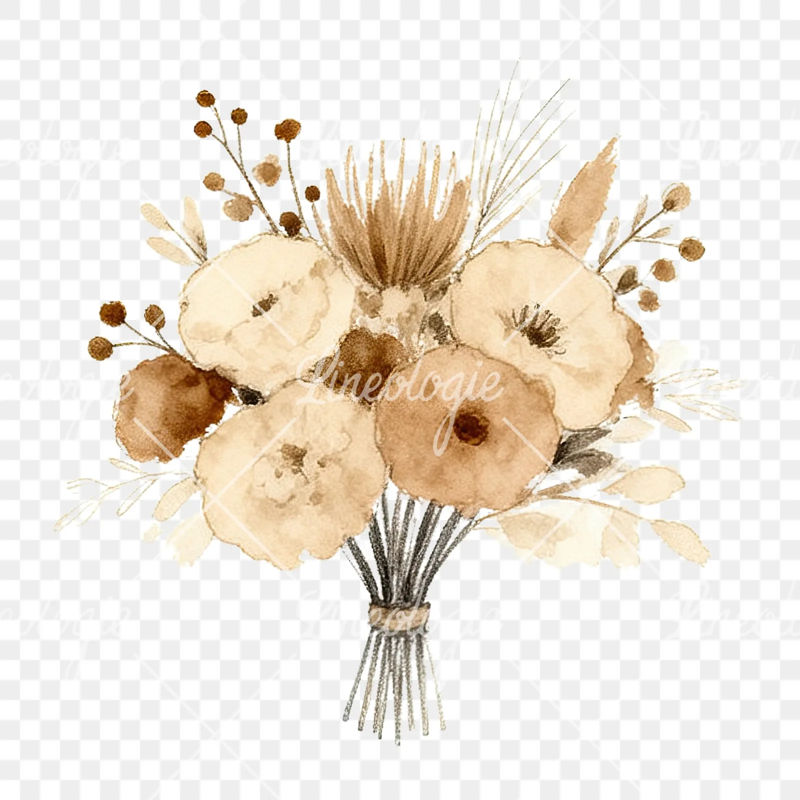 Watercolor earthy boho wedding bouquet clipart 2 of 12 on a transparent background (PNG)