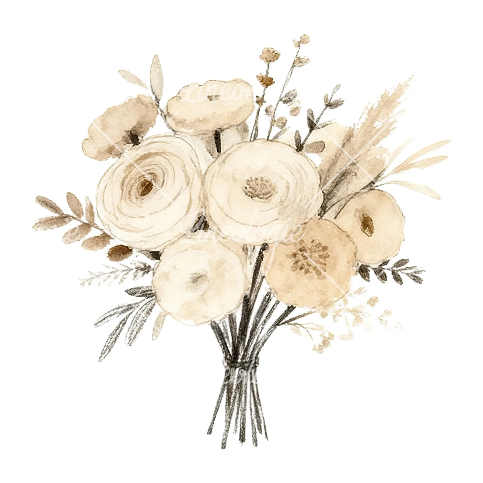 Watercolor earthy boho wedding bouquet clipart 3 of 12 on a white background (JPG)