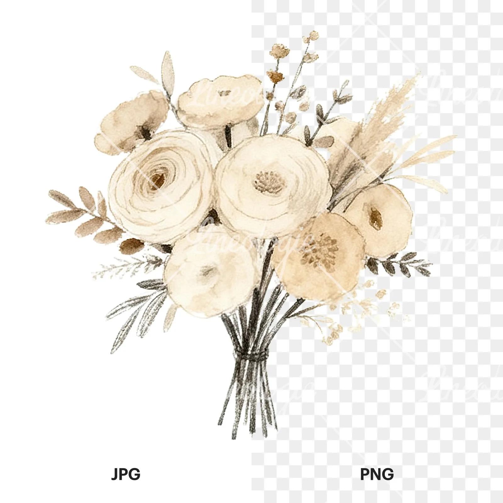 Watercolor earthy boho wedding bouquet clipart 3 of 12, as a JPG on white and a transparent PNG
