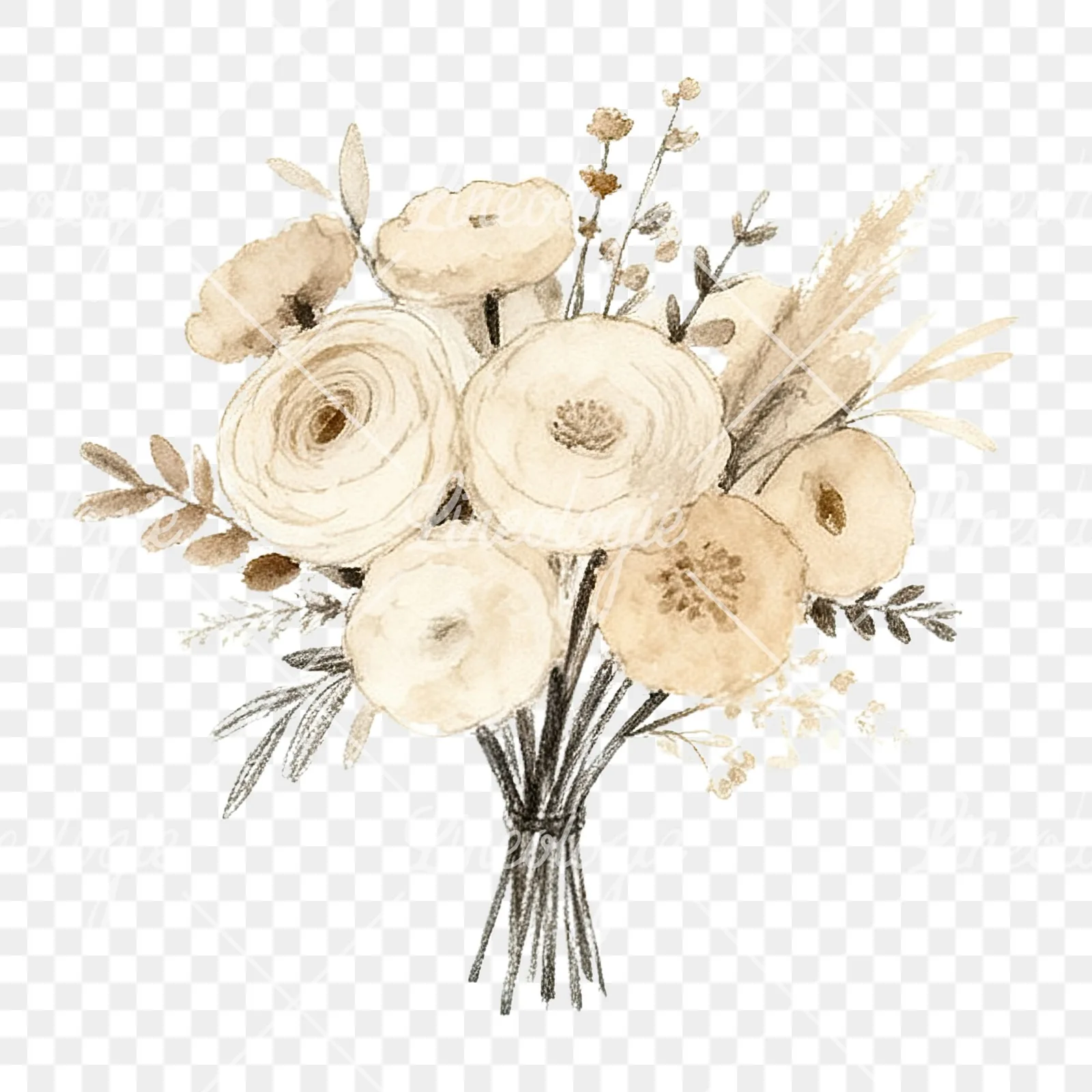 Watercolor earthy boho wedding bouquet clipart 3 of 12 on a transparent background (PNG)