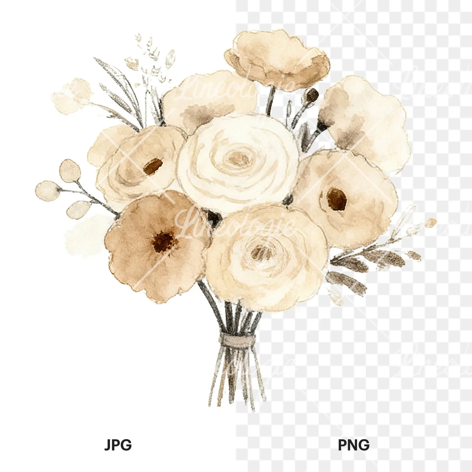 Watercolor earthy boho wedding bouquet clipart 4 of 12, as a JPG on white and a transparent PNG