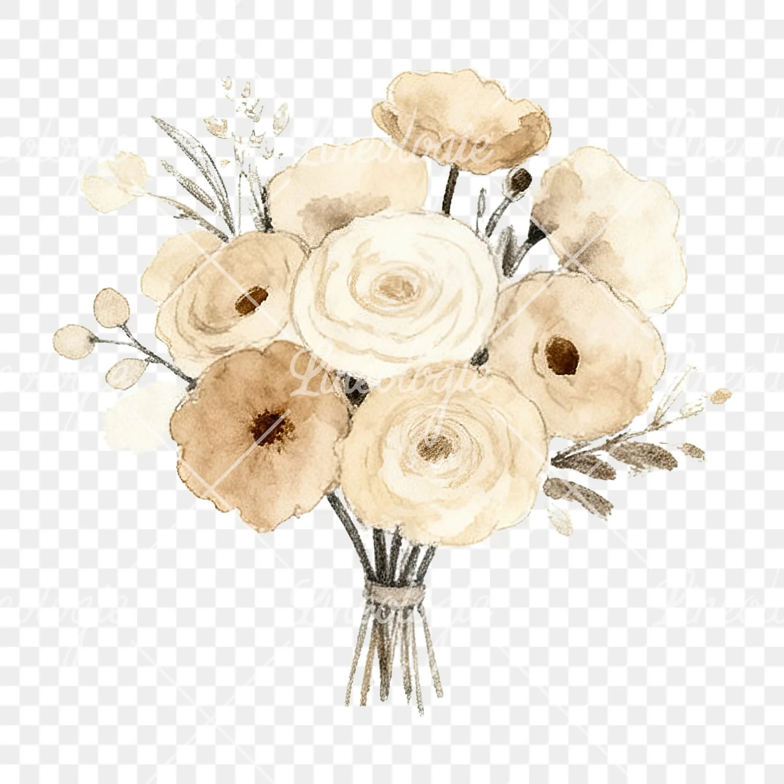 Watercolor earthy boho wedding bouquet clipart 4 of 12 on a transparent background (PNG)