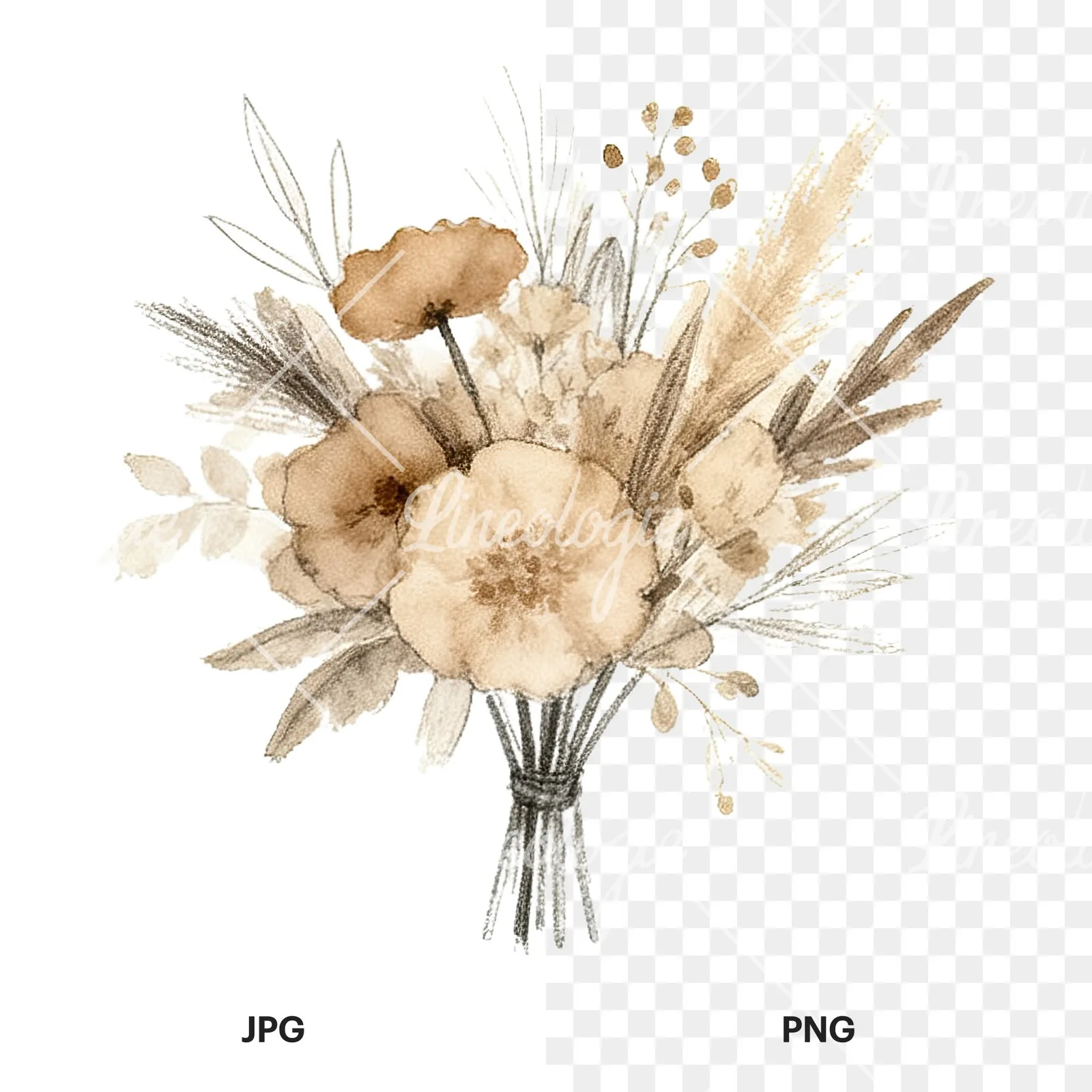 Watercolor earthy boho wedding bouquet clipart 5 of 12, as a JPG on white and a transparent PNG
