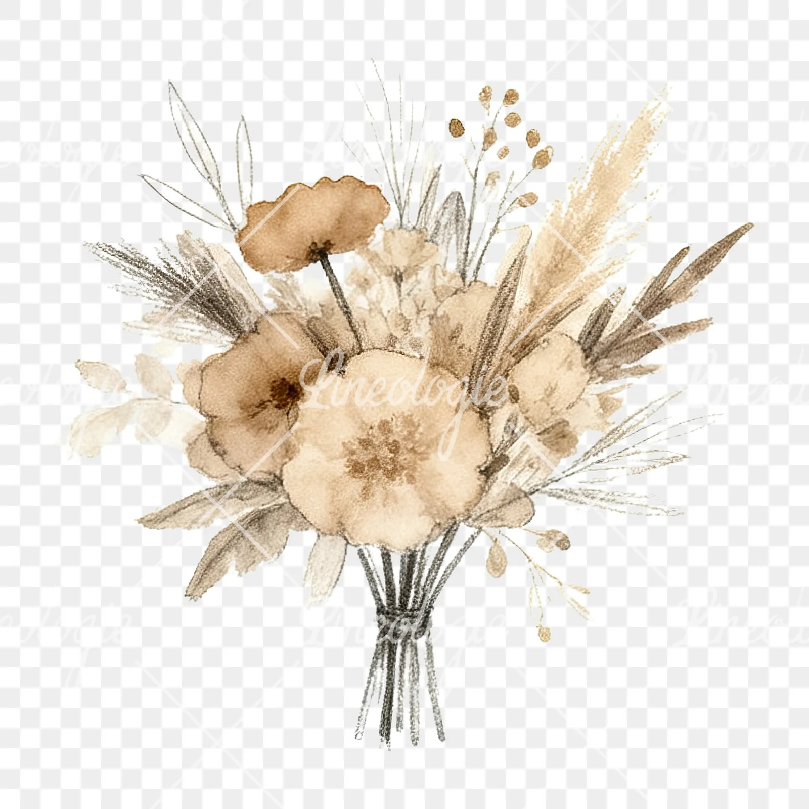 Watercolor earthy boho wedding bouquet clipart 5 of 12 on a transparent background (PNG)