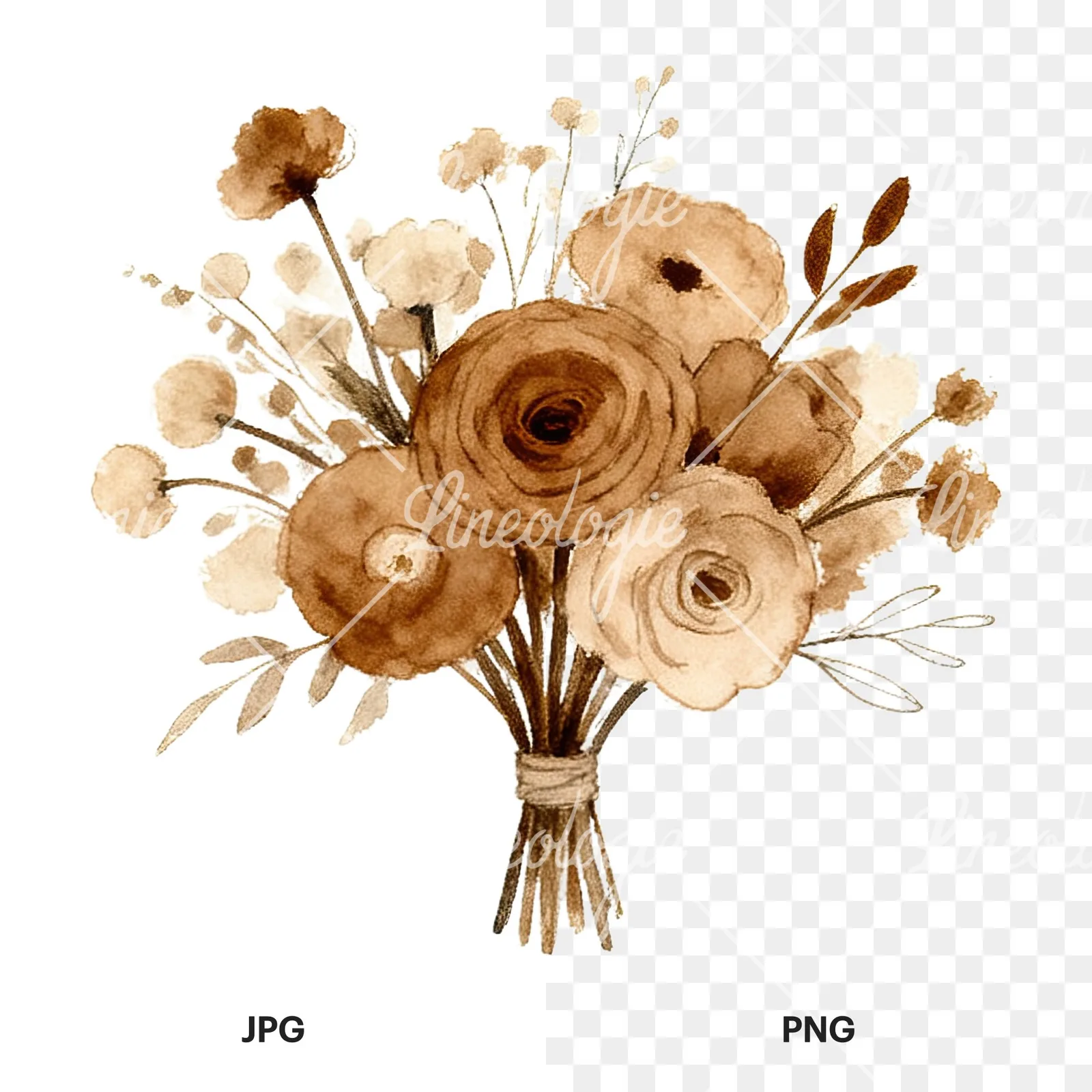 Watercolor earthy boho wedding bouquet clipart 6 of 12, as a JPG on white and a transparent PNG