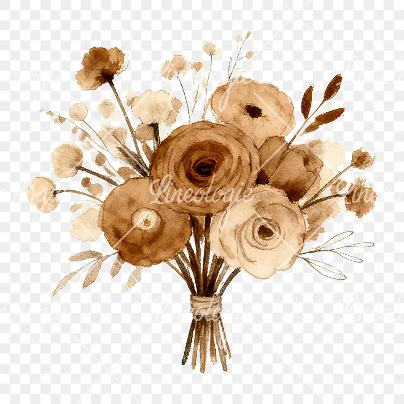 Watercolor earthy boho wedding bouquet clipart 6 of 12 on a transparent background (PNG)
