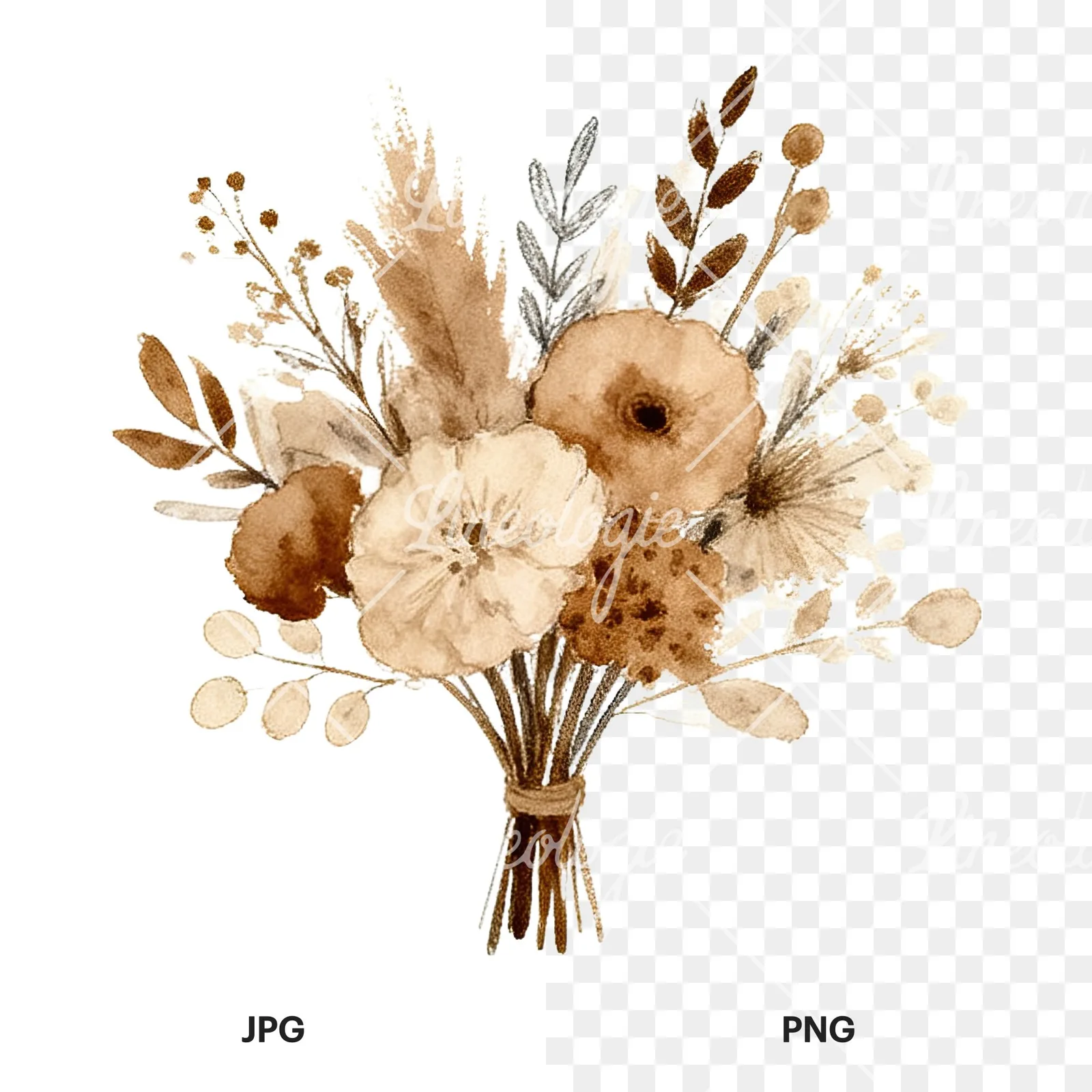Watercolor earthy boho wedding bouquet clipart 7 of 12, as a JPG on white and a transparent PNG