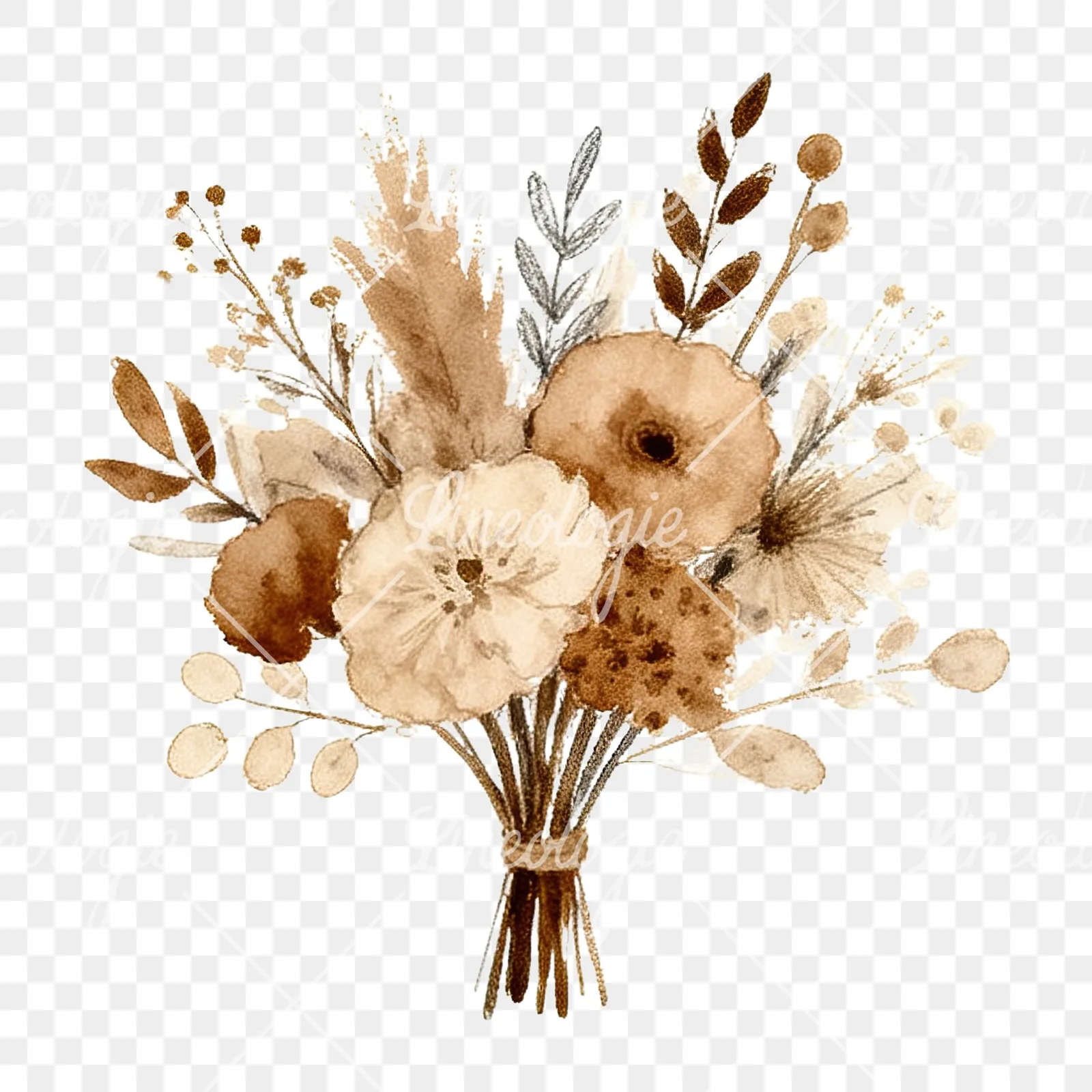 Watercolor earthy boho wedding bouquet clipart 7 of 12 on a transparent background (PNG)