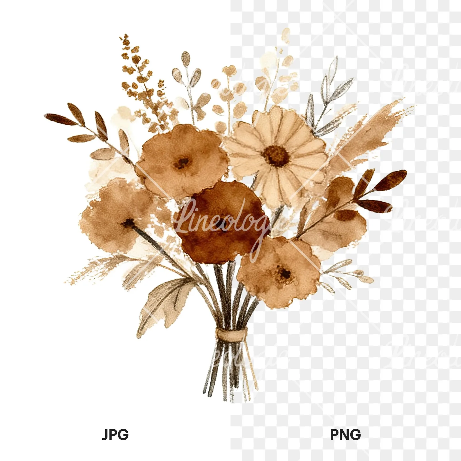 Watercolor earthy boho wedding bouquet clipart 8 of 12, as a JPG on white and a transparent PNG