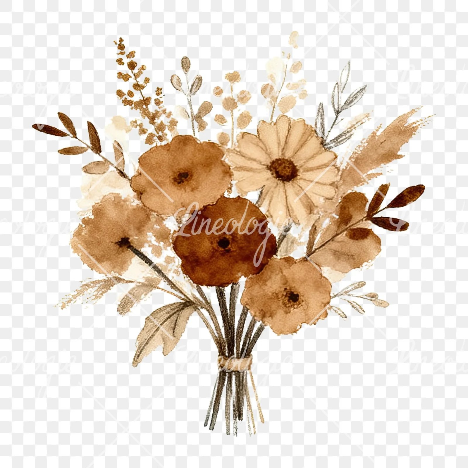Watercolor earthy boho wedding bouquet clipart 8 of 12 on a transparent background (PNG)