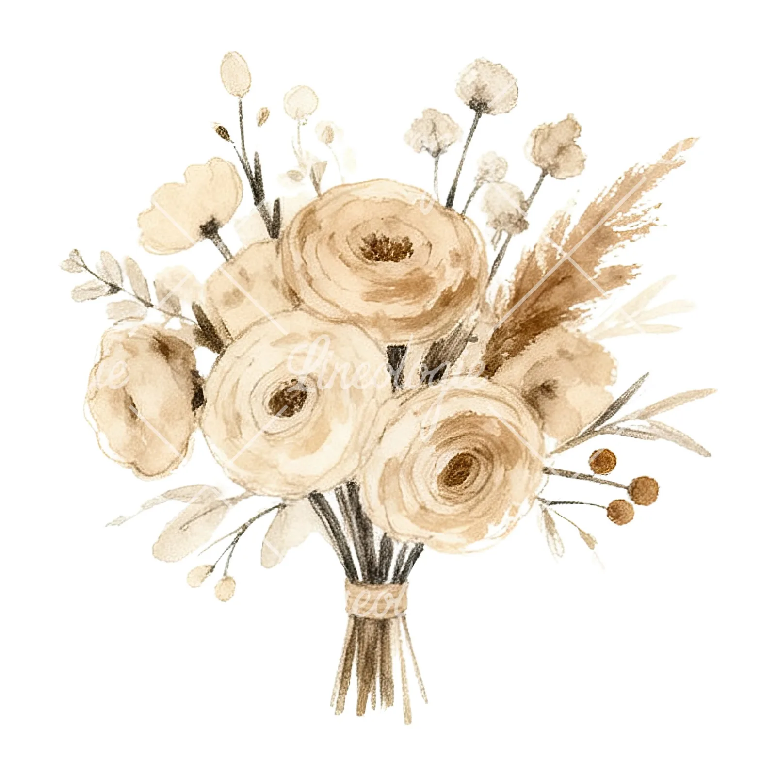 Watercolor earthy boho wedding bouquet clipart 9 of 12 on a white background (JPG)