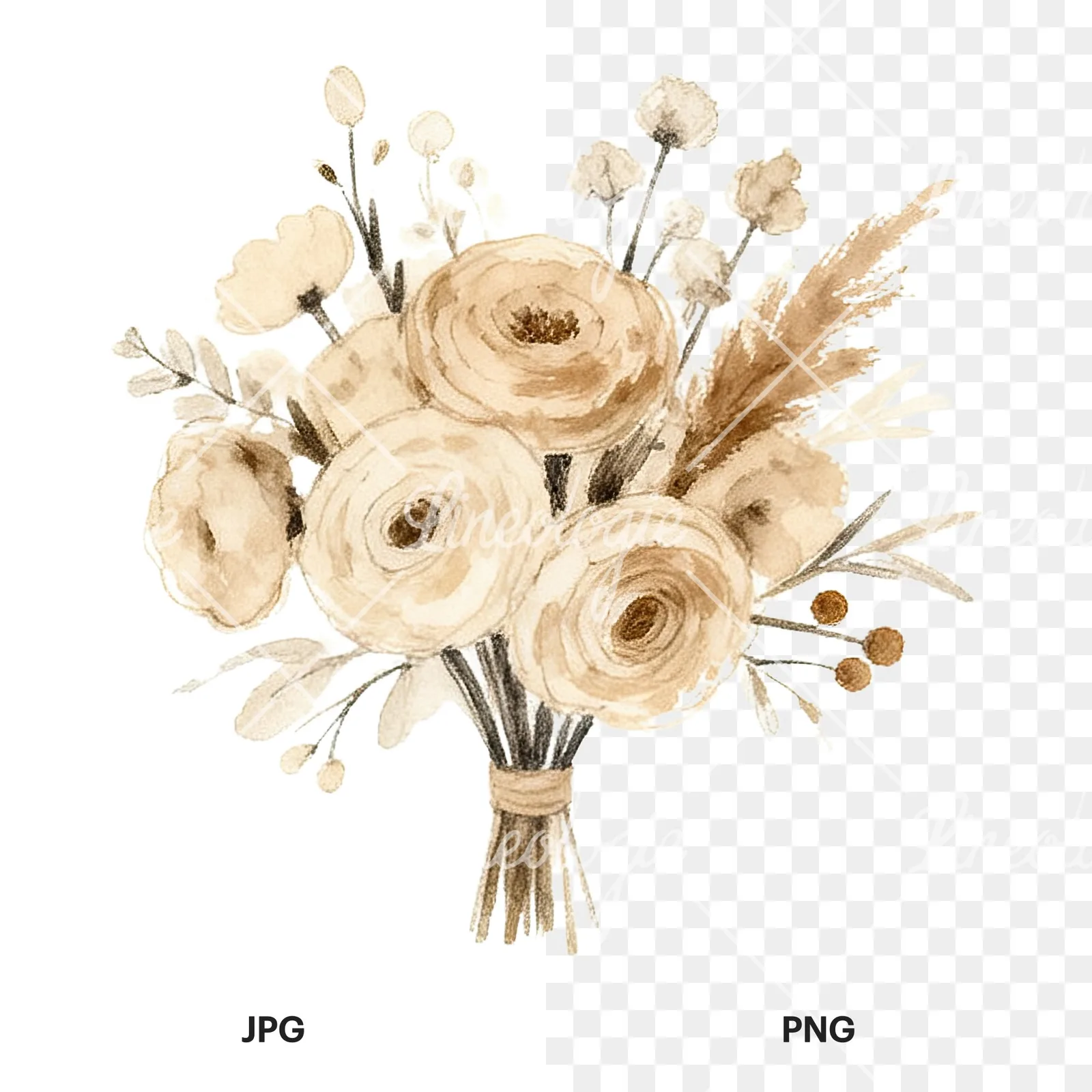 Watercolor earthy boho wedding bouquet clipart 9 of 12, as a JPG on white and a transparent PNG