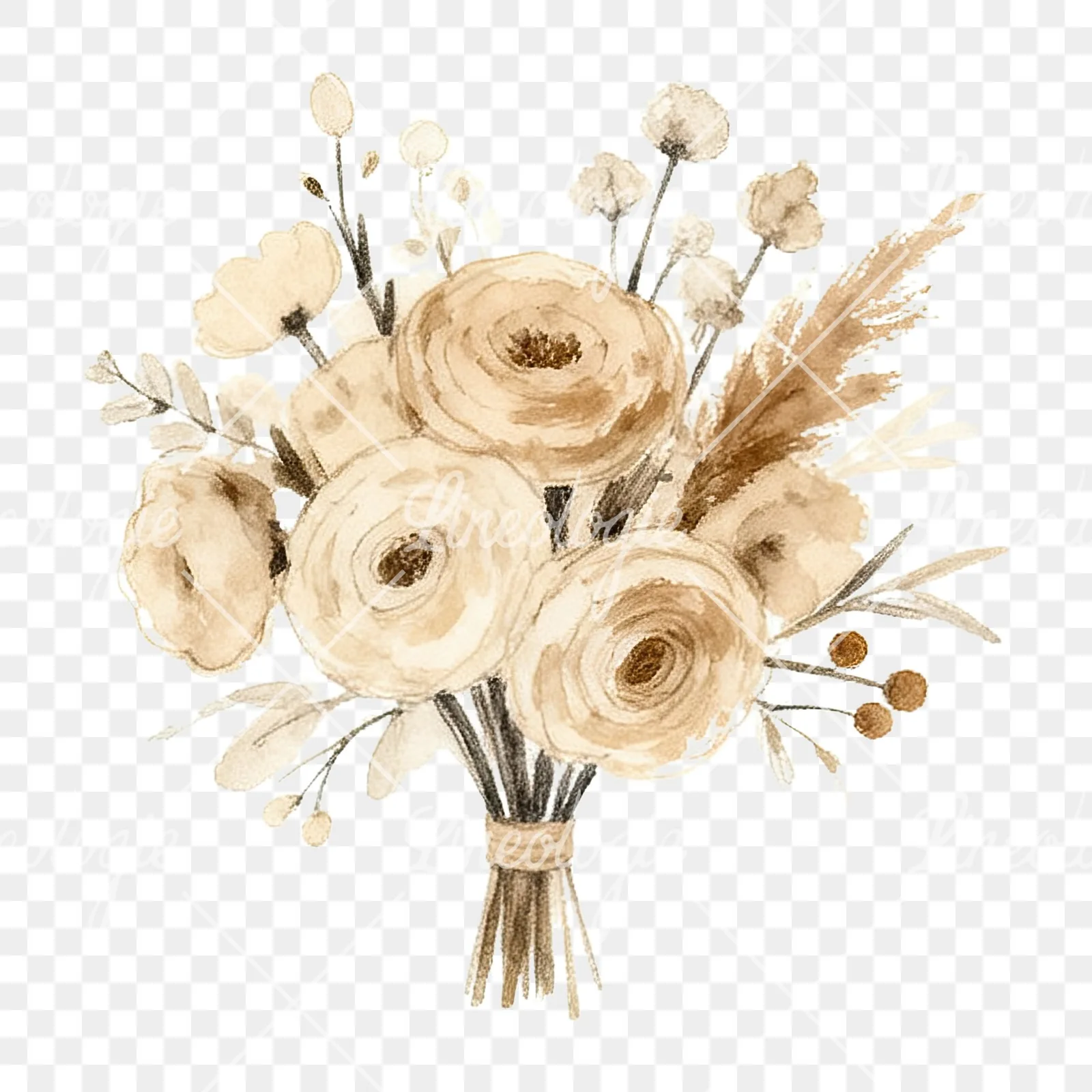 Watercolor earthy boho wedding bouquet clipart 9 of 12 on a transparent background (PNG)