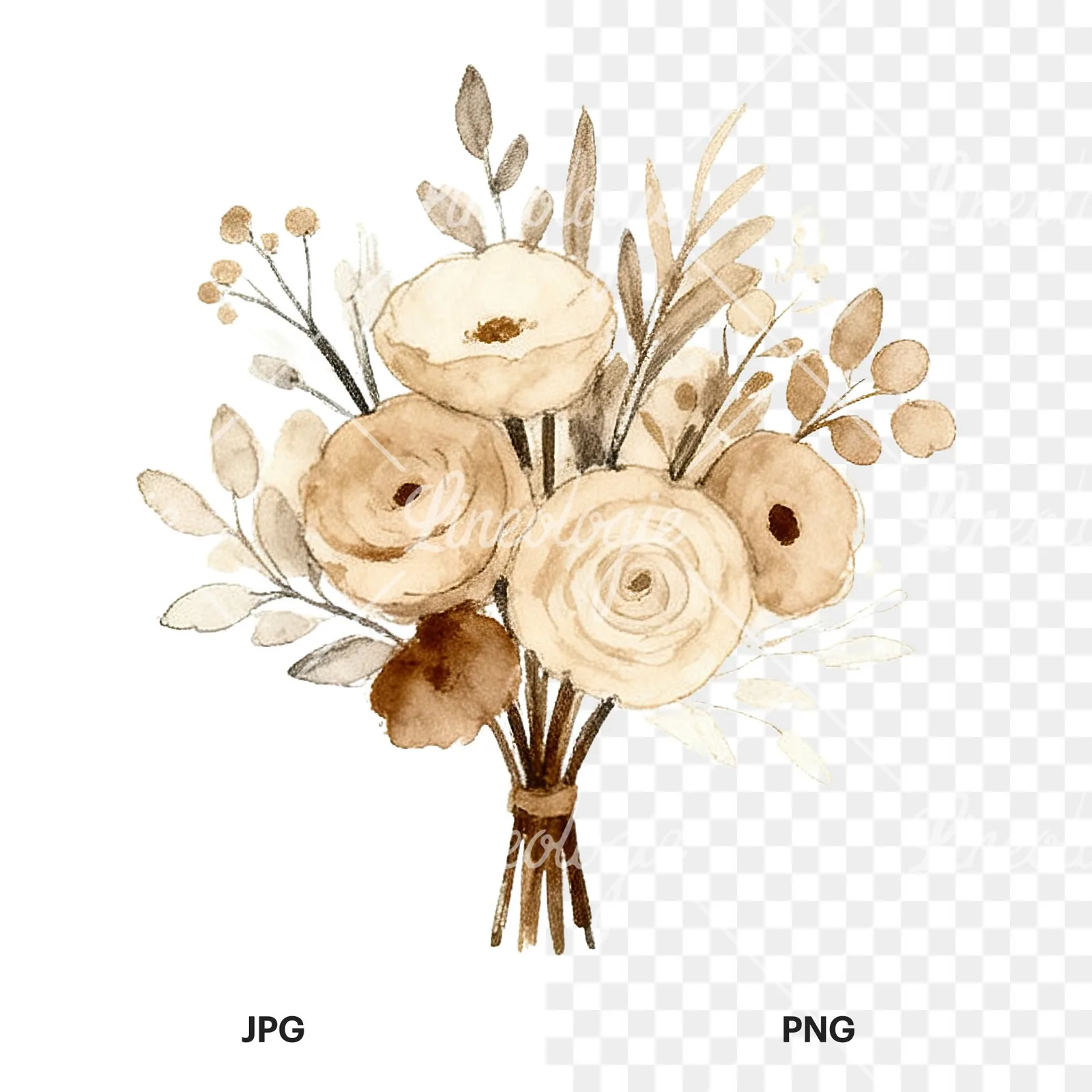 Watercolor earthy boho wedding bouquet clipart 10 of 12, as a JPG on white and a transparent PNG