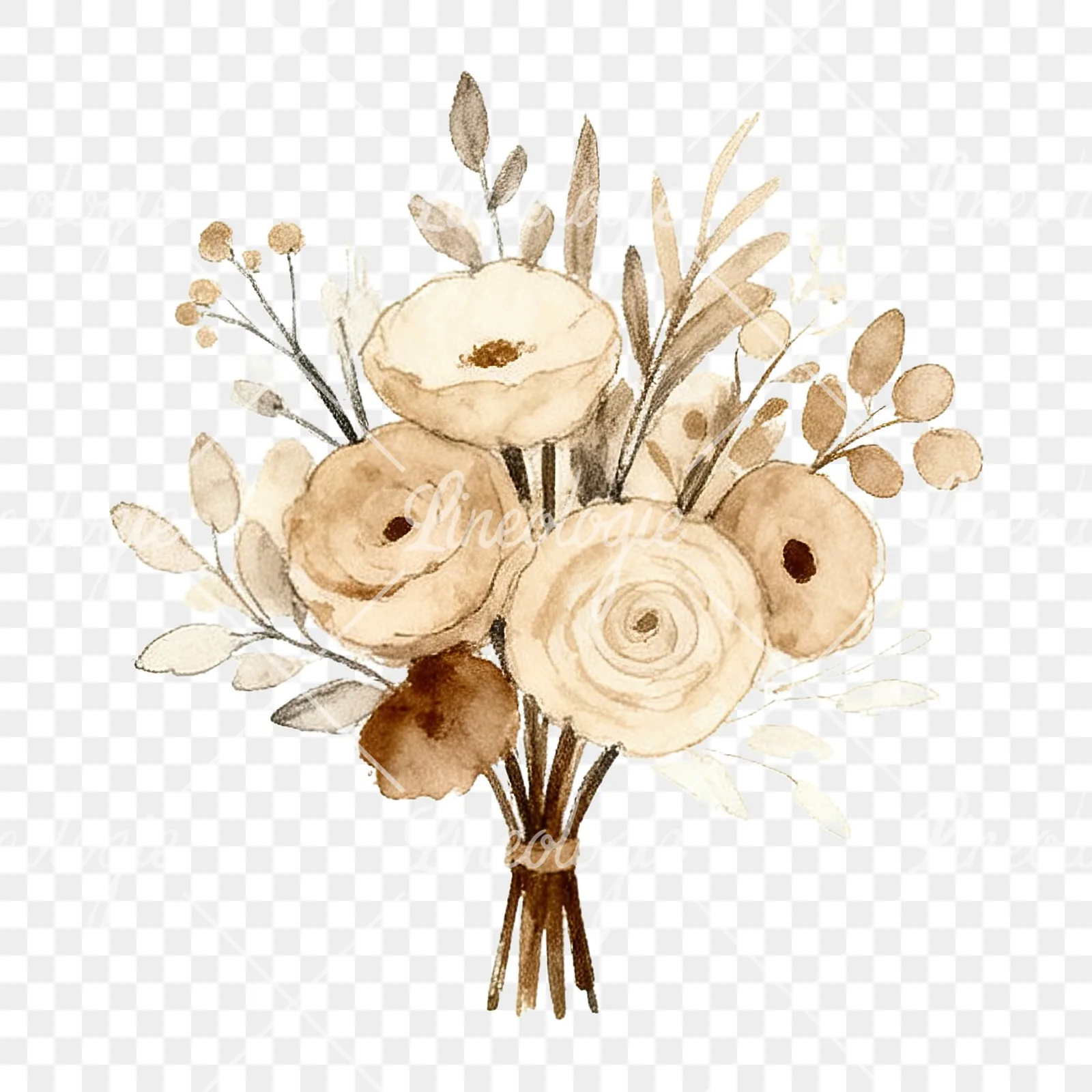 Watercolor earthy boho wedding bouquet clipart 10 of 12 on a transparent background (PNG)