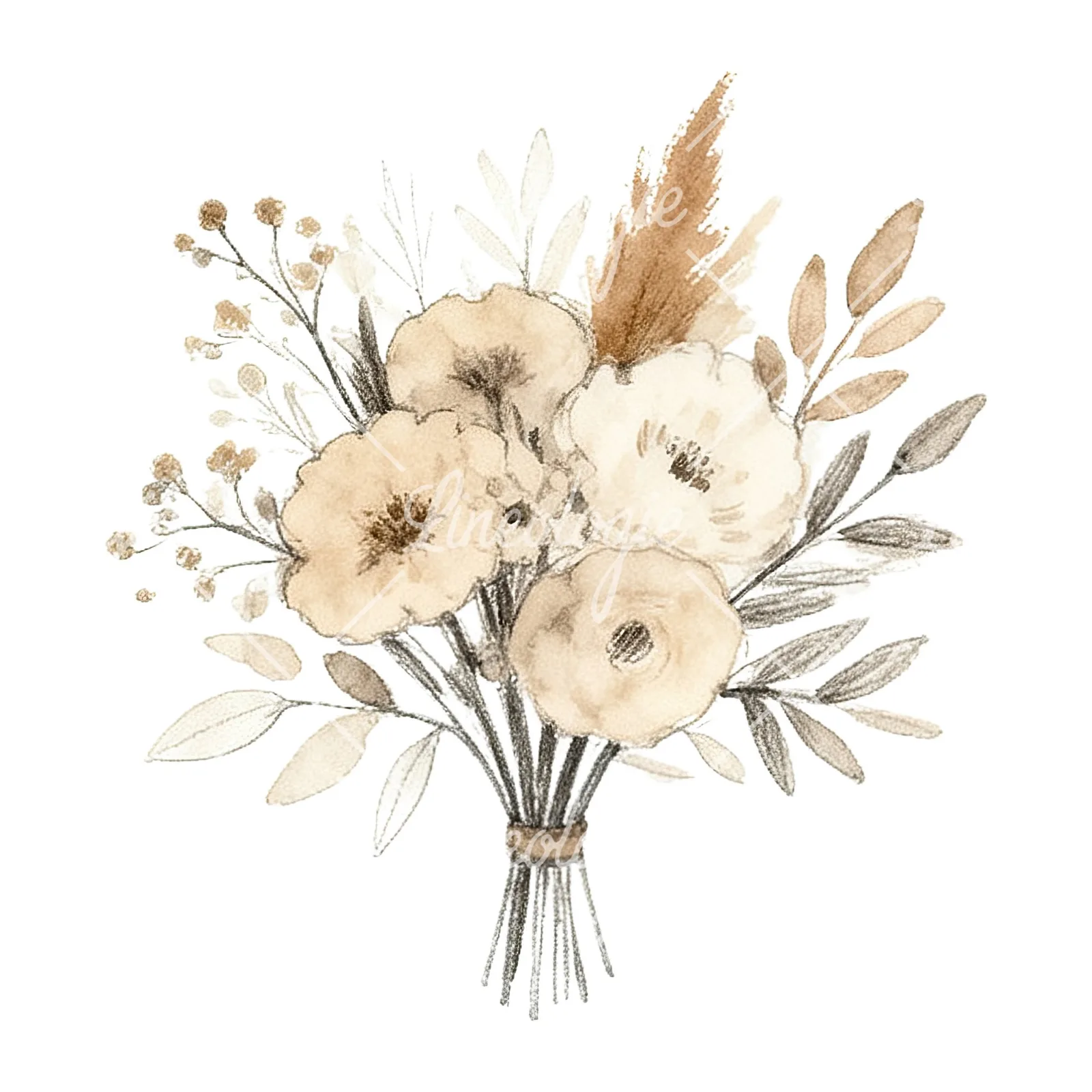 Watercolor earthy boho wedding bouquet clipart 11 of 12 on a white background (JPG)