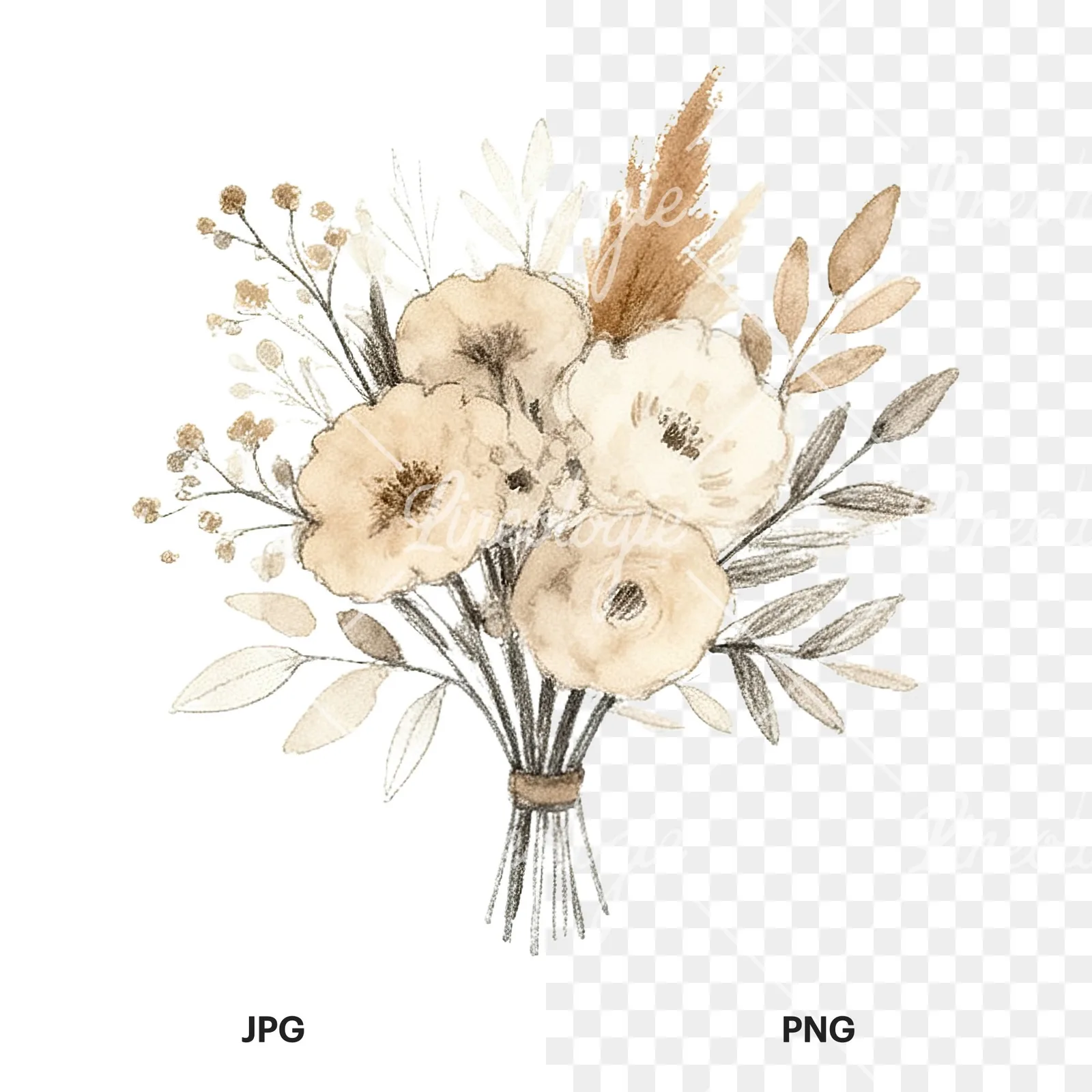 Watercolor earthy boho wedding bouquet clipart 11 of 12, as a JPG on white and a transparent PNG