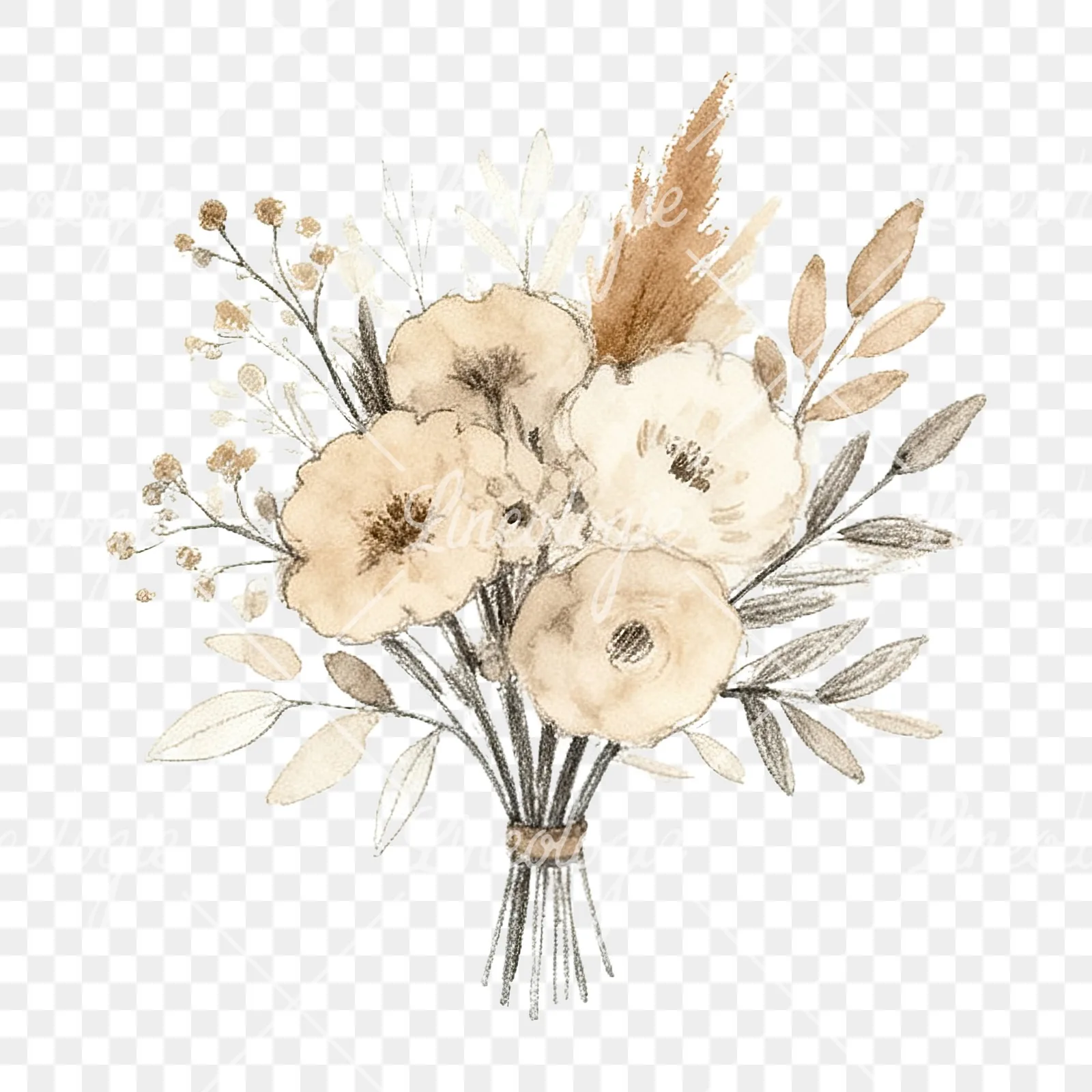 Watercolor earthy boho wedding bouquet clipart 11 of 12 on a transparent background (PNG)