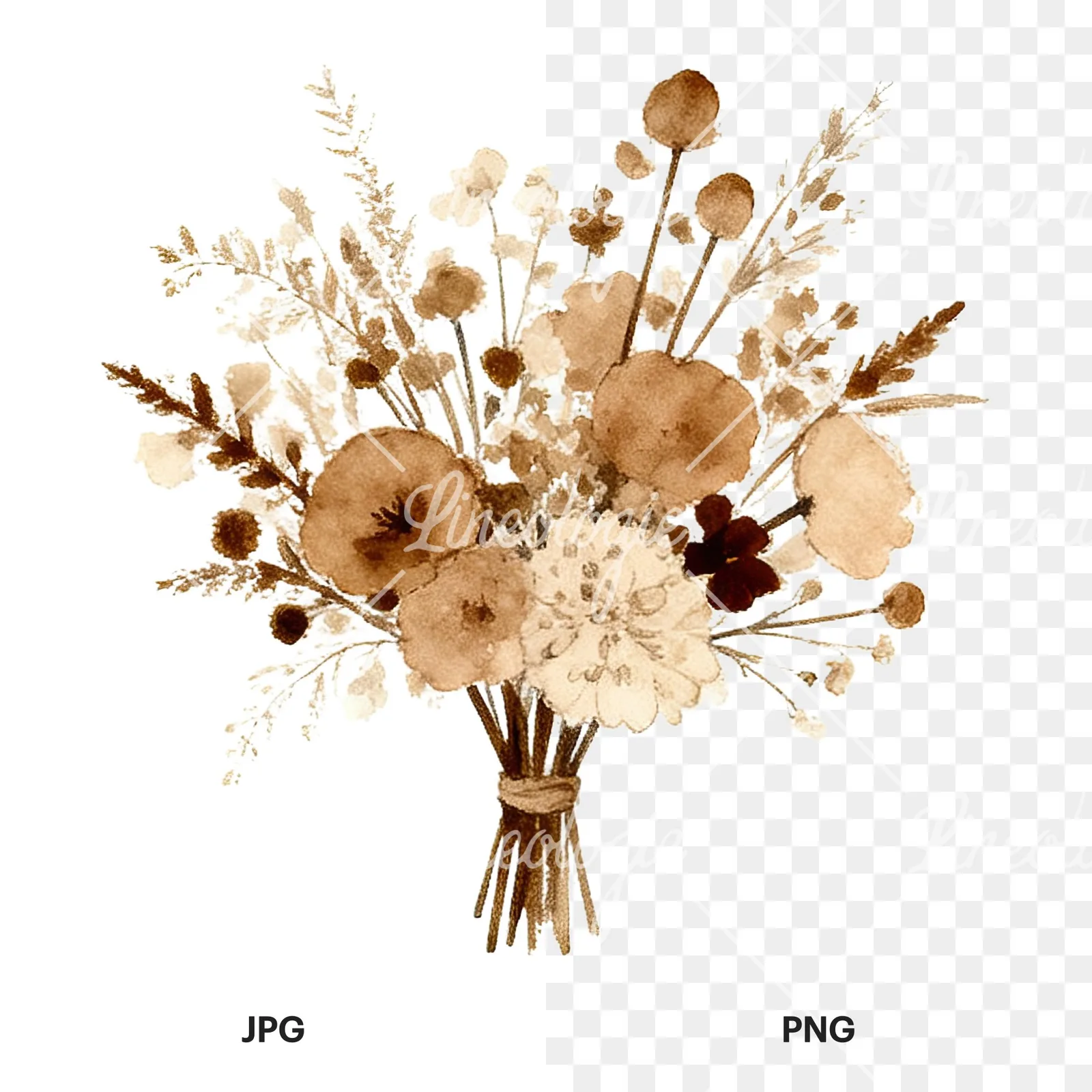 Watercolor earthy boho wedding bouquet clipart 12 of 12, as a JPG on white and a transparent PNG