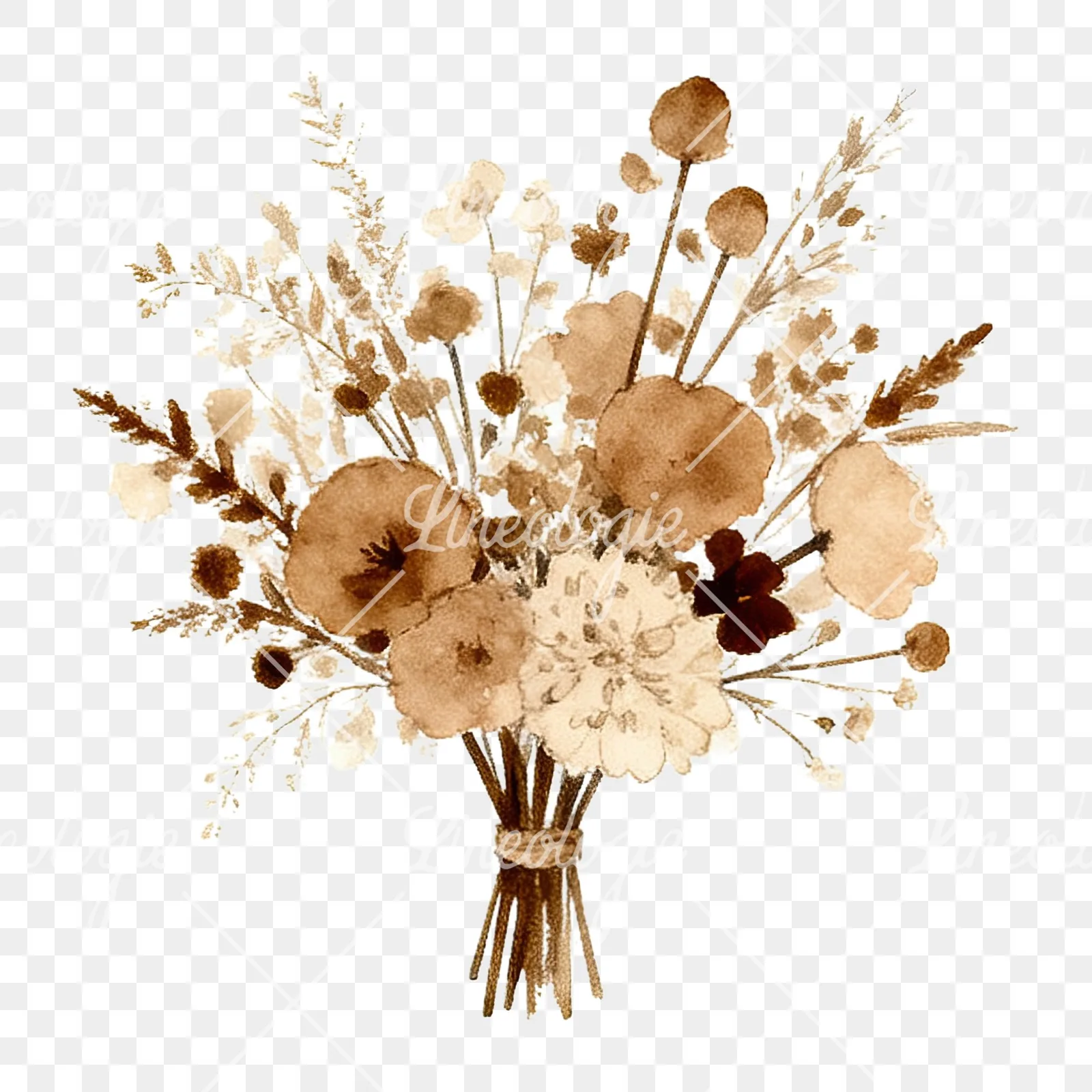 Watercolor earthy boho wedding bouquet clipart 12 of 12 on a transparent background (PNG)
