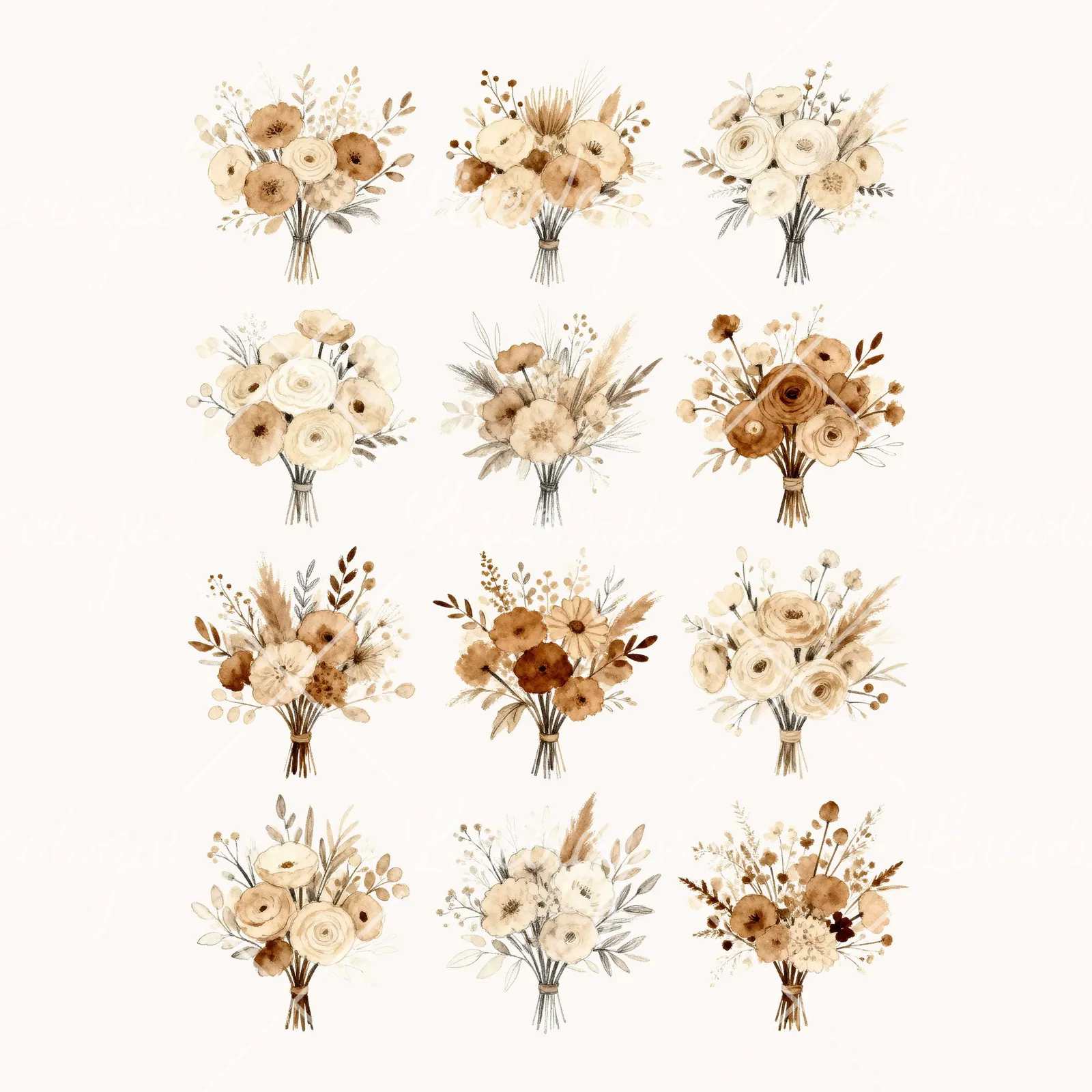 Watercolor Earthy Boho Wedding Bouquet Clipart, all 12 illustrations in the pack