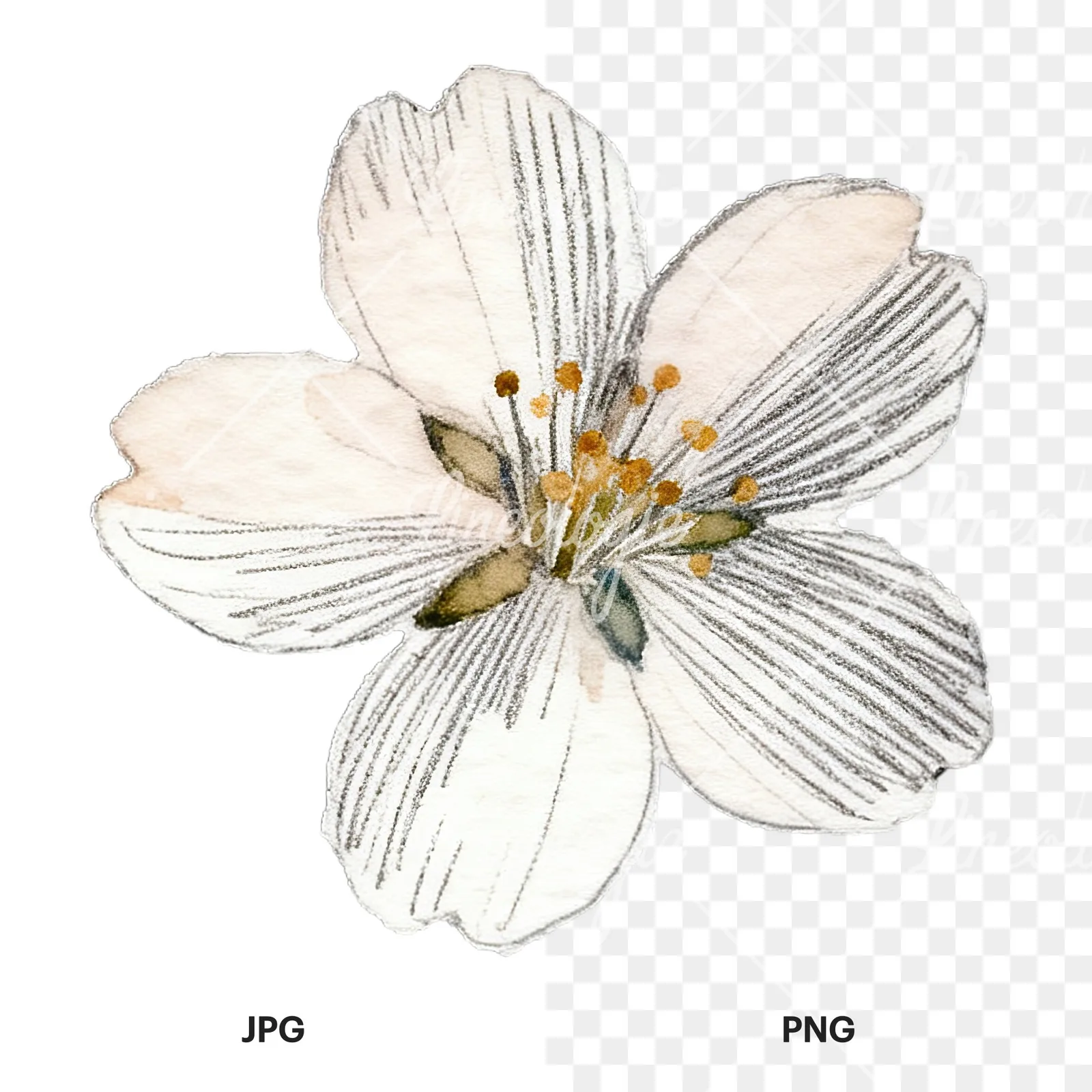 Watercolor purple pink white cherry blossoms clipart 4 of 12, as a JPG on white and a transparent PNG