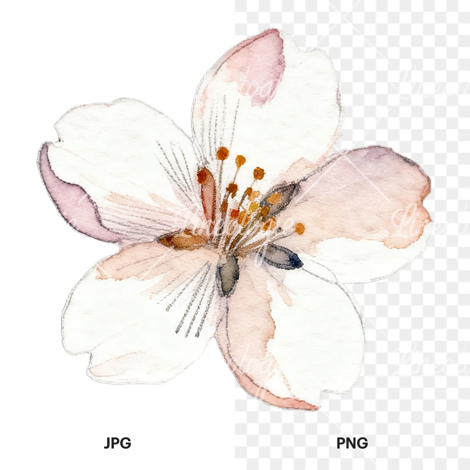 Watercolor purple pink white cherry blossoms clipart 7 of 12, as a JPG on white and a transparent PNG