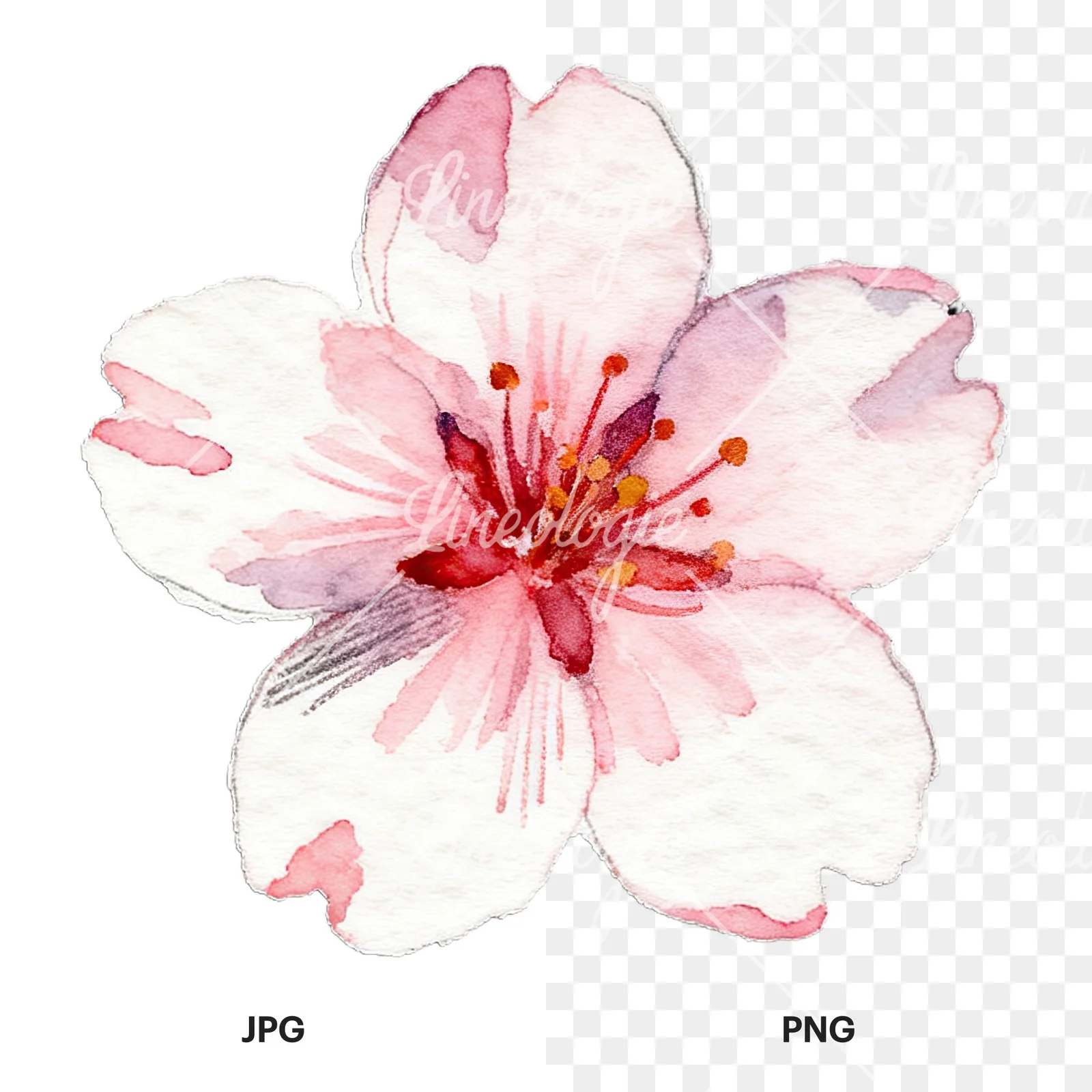 Watercolor purple pink white cherry blossoms clipart 10 of 12, as a JPG on white and a transparent PNG