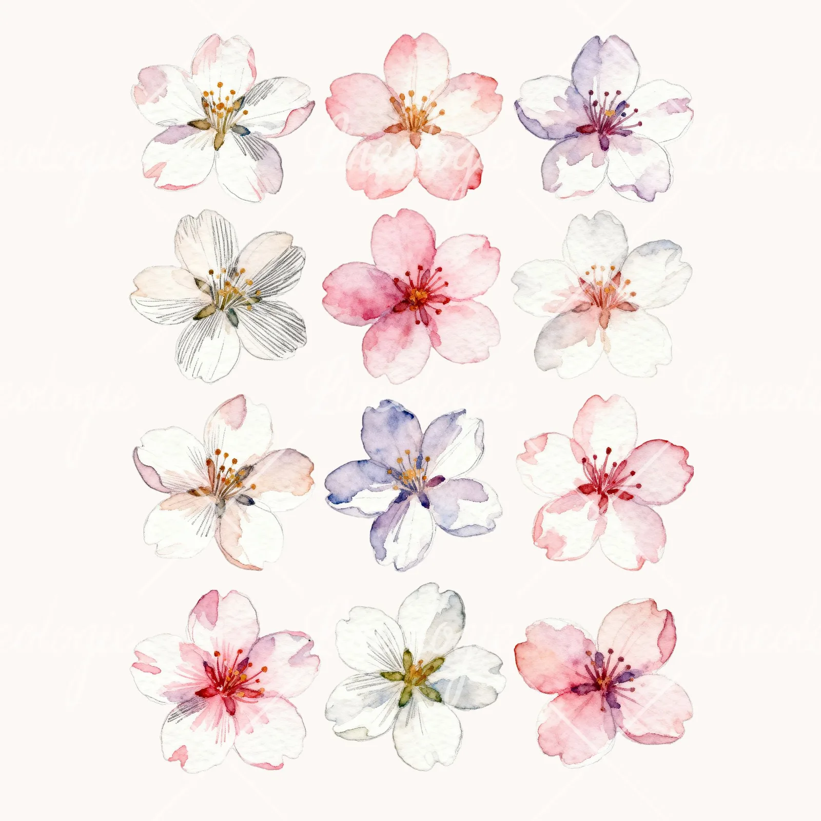 Watercolor Purple Pink White Cherry Blossoms Clipart, all 12 illustrations in the pack
