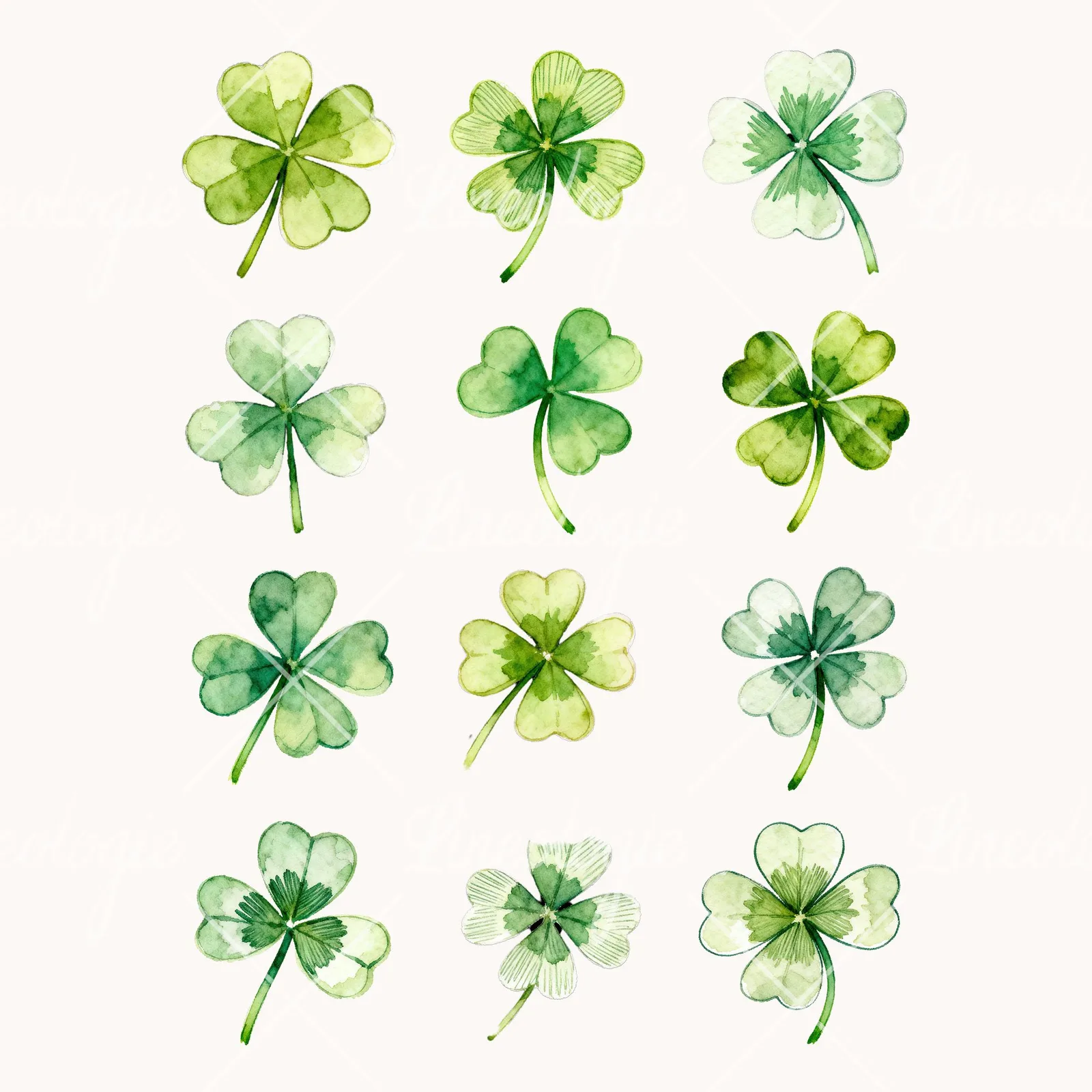 Watercolor Textured Clover Flower Clipart, all 12 illustrations in the pack