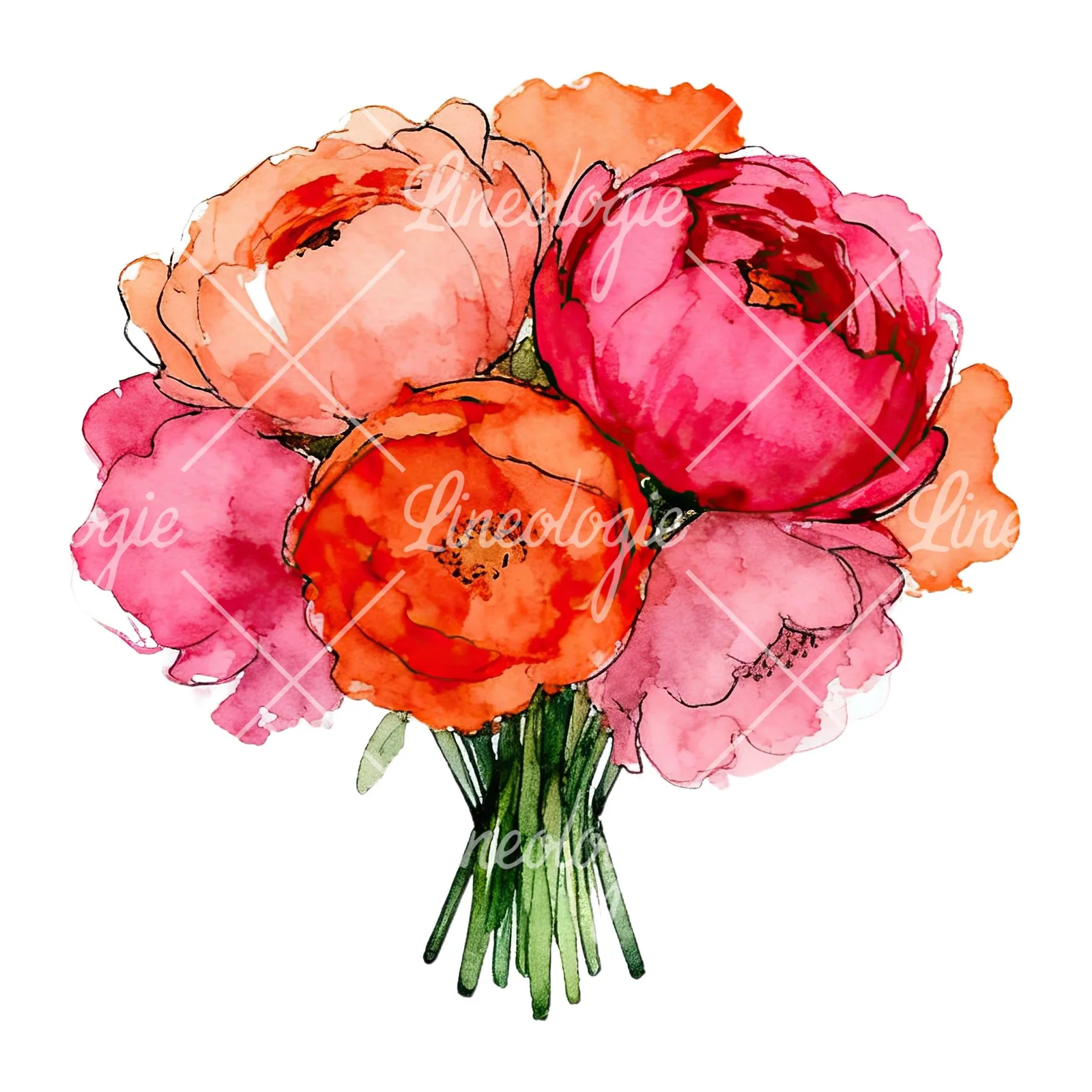 Watercolor hot pink and orange wedding bouquet clipart 1 of 12 on a white background (JPG)