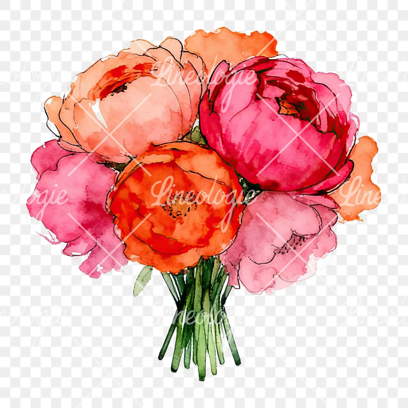 Watercolor hot pink and orange wedding bouquet clipart 1 of 12 on a transparent background (PNG)