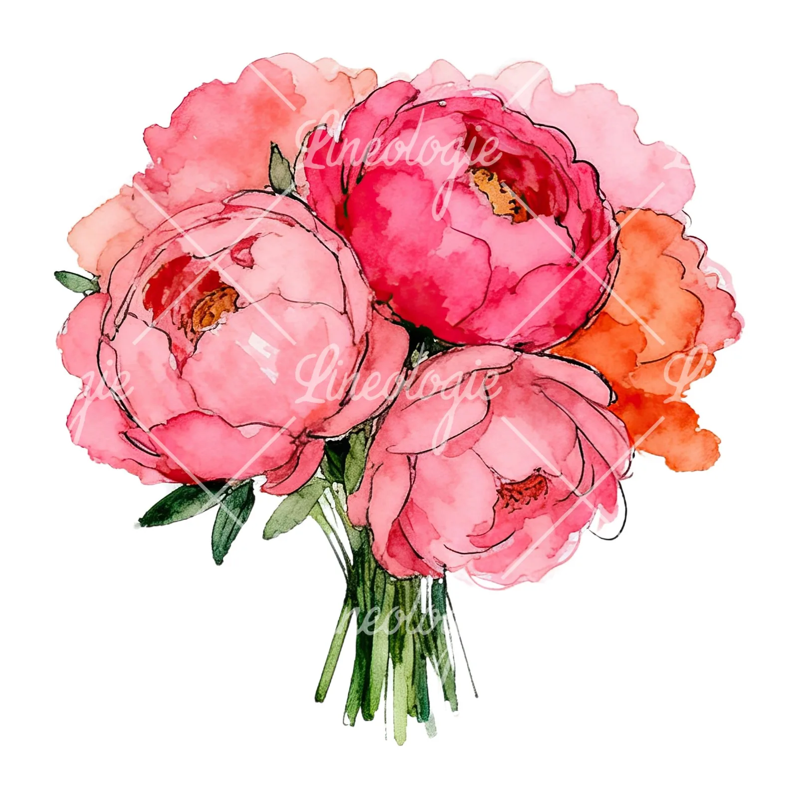 Watercolor hot pink and orange wedding bouquet clipart 2 of 12 on a white background (JPG)