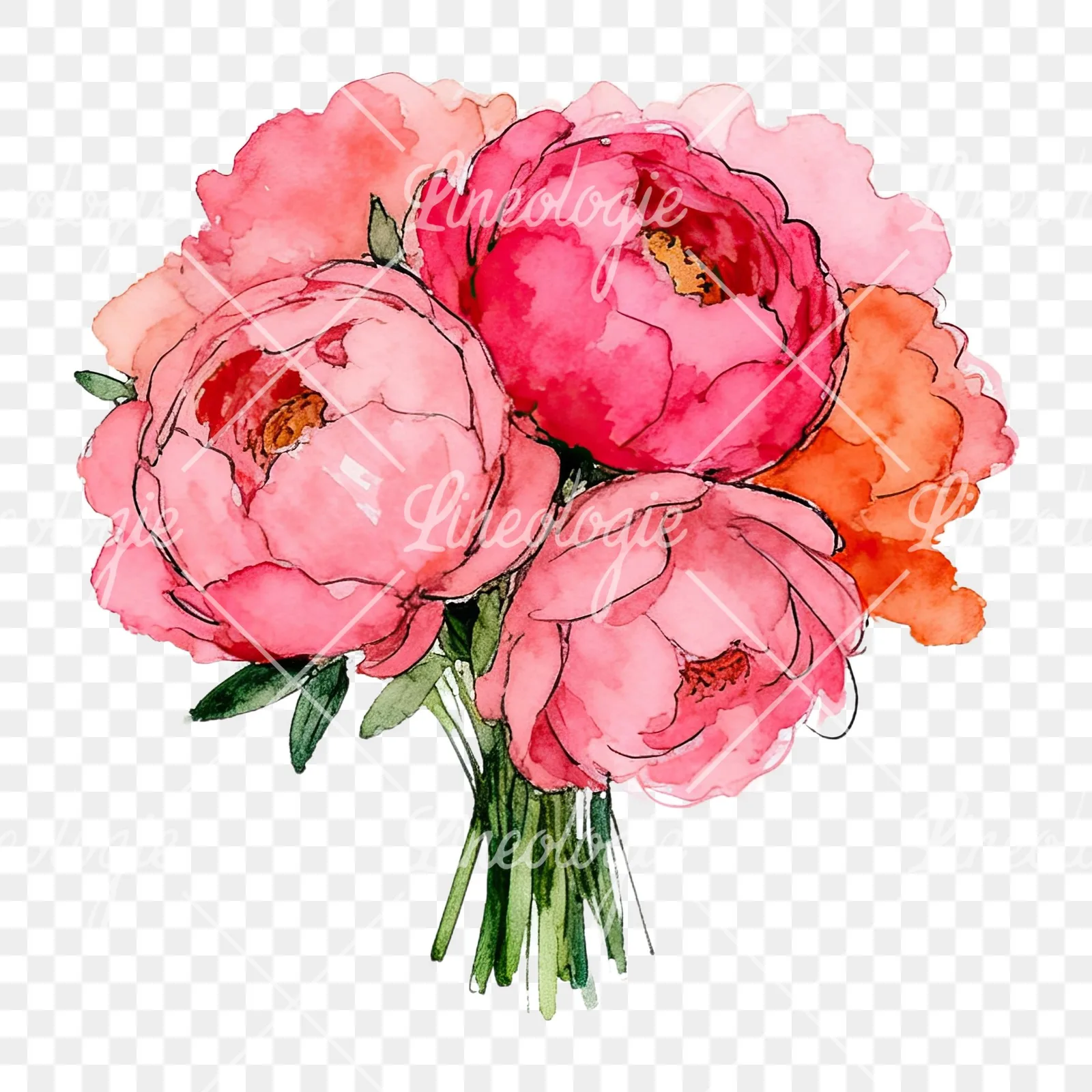 Watercolor hot pink and orange wedding bouquet clipart 2 of 12 on a transparent background (PNG)