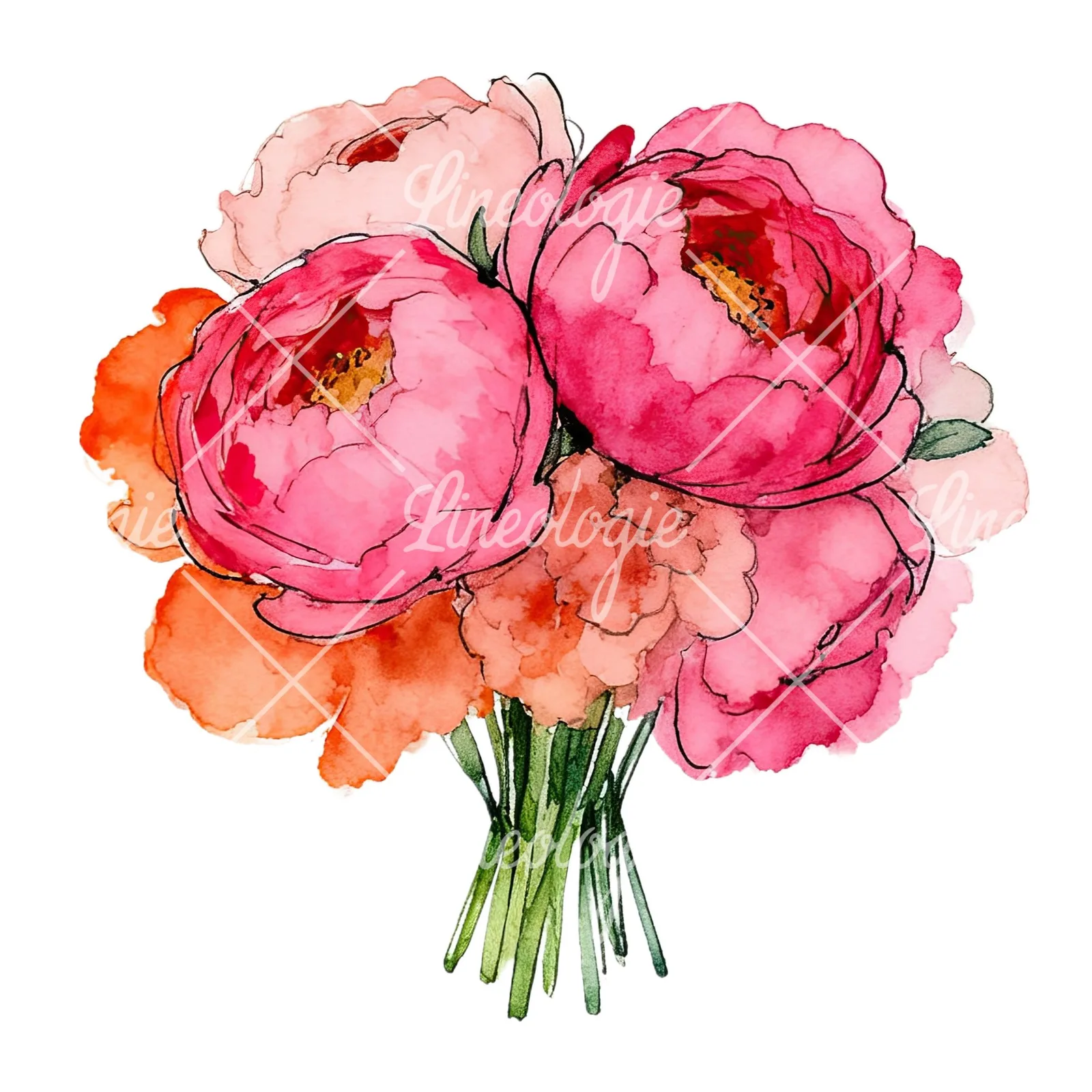 Watercolor hot pink and orange wedding bouquet clipart 3 of 12 on a white background (JPG)
