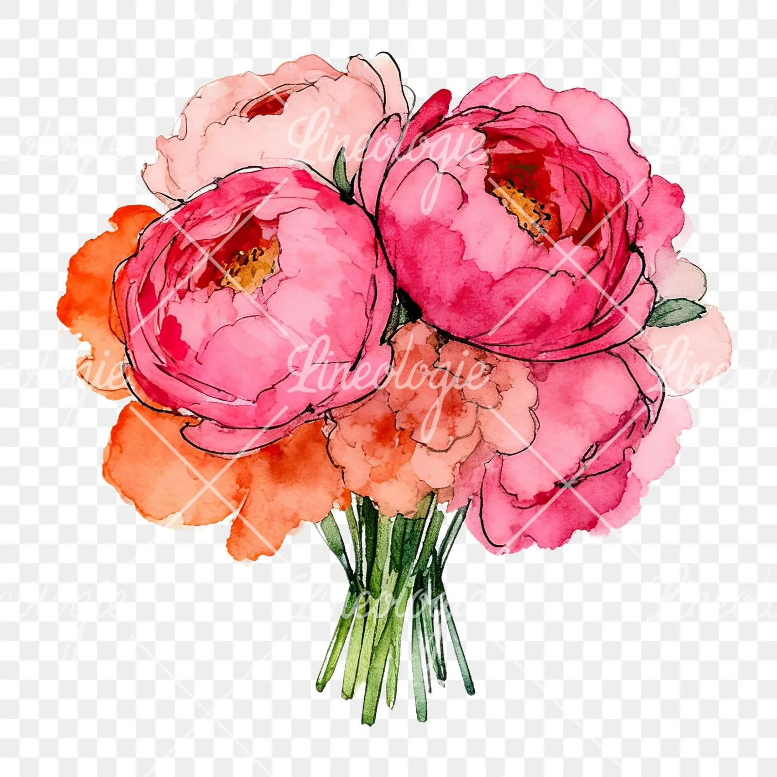 Watercolor hot pink and orange wedding bouquet clipart 3 of 12 on a transparent background (PNG)