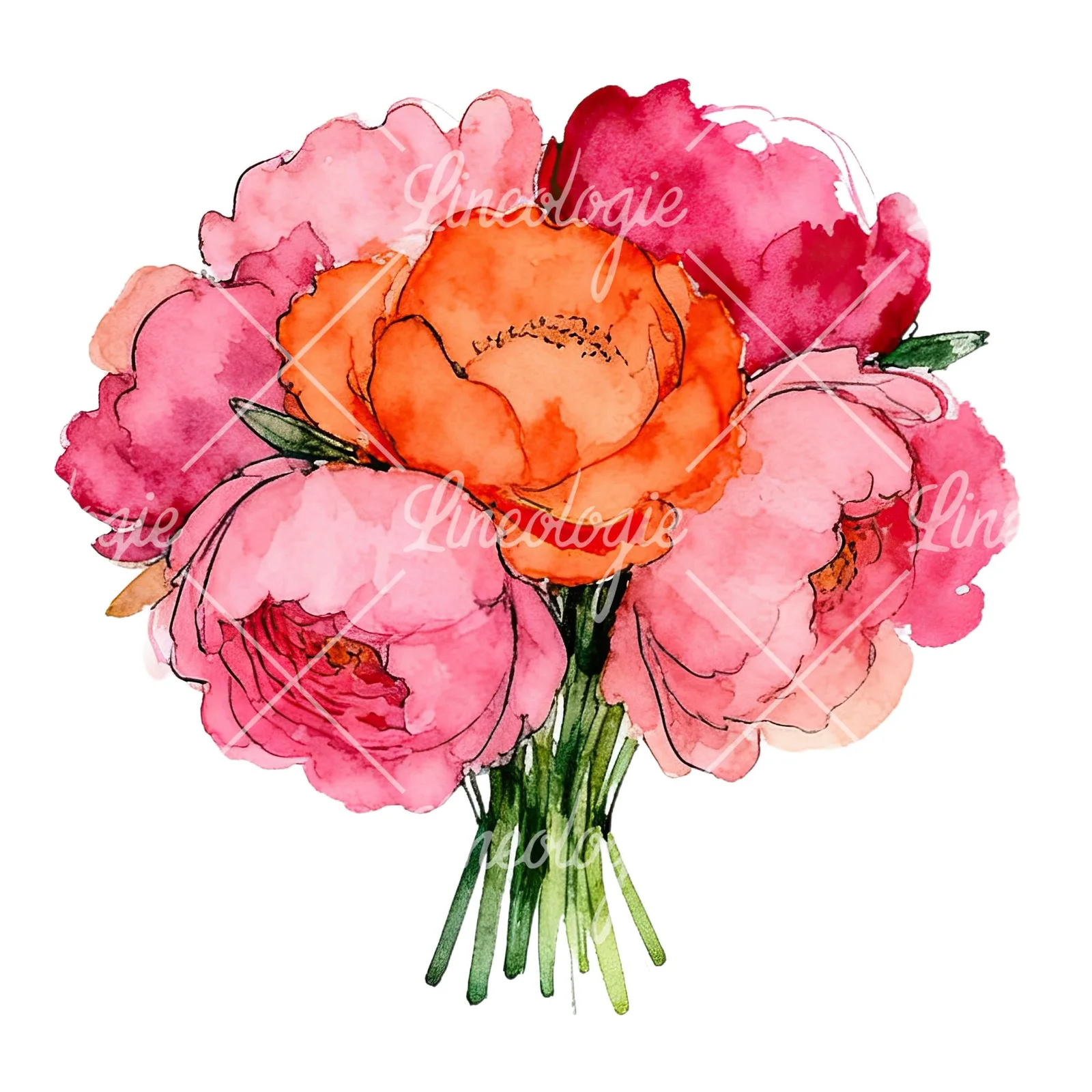 Watercolor hot pink and orange wedding bouquet clipart 4 of 12 on a white background (JPG)