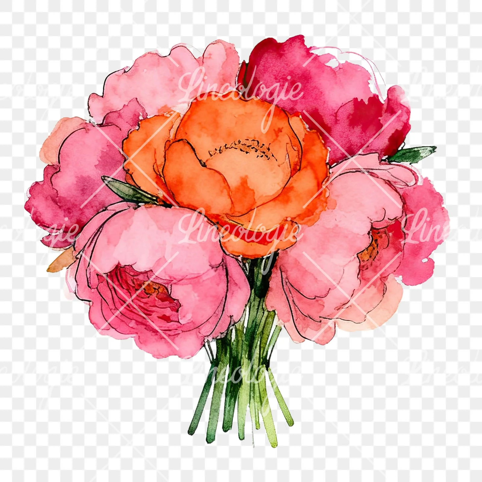 Watercolor hot pink and orange wedding bouquet clipart 4 of 12 on a transparent background (PNG)