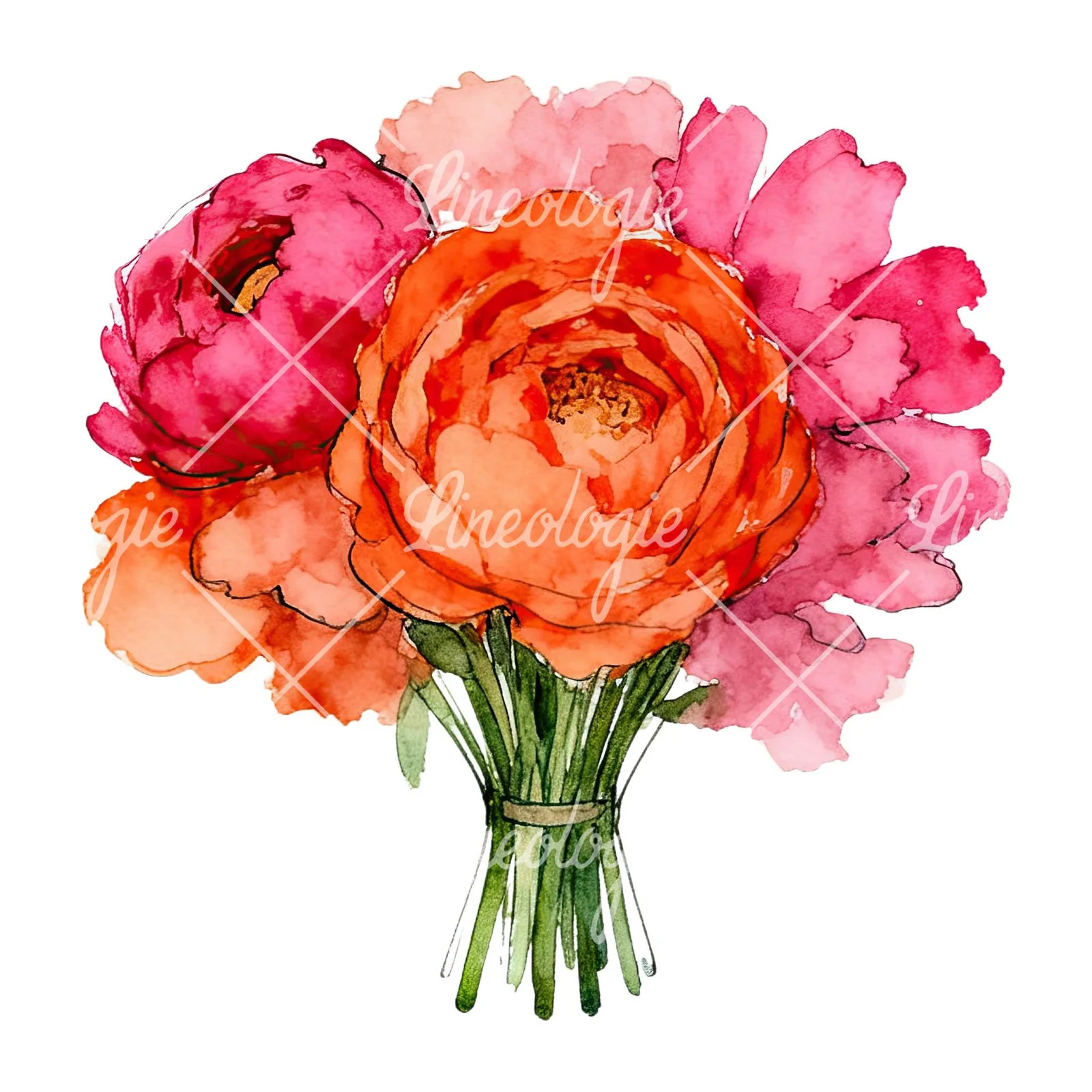 Watercolor hot pink and orange wedding bouquet clipart 5 of 12 on a white background (JPG)