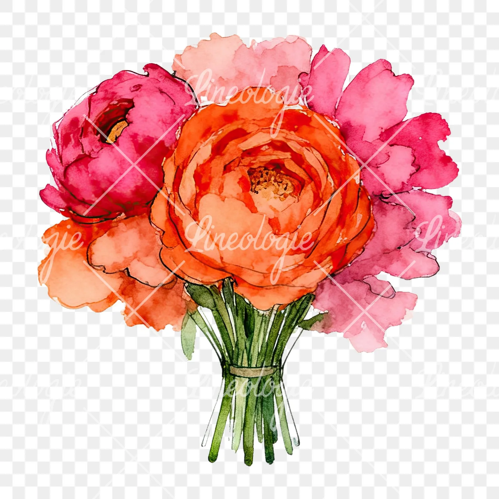 Watercolor hot pink and orange wedding bouquet clipart 5 of 12 on a transparent background (PNG)