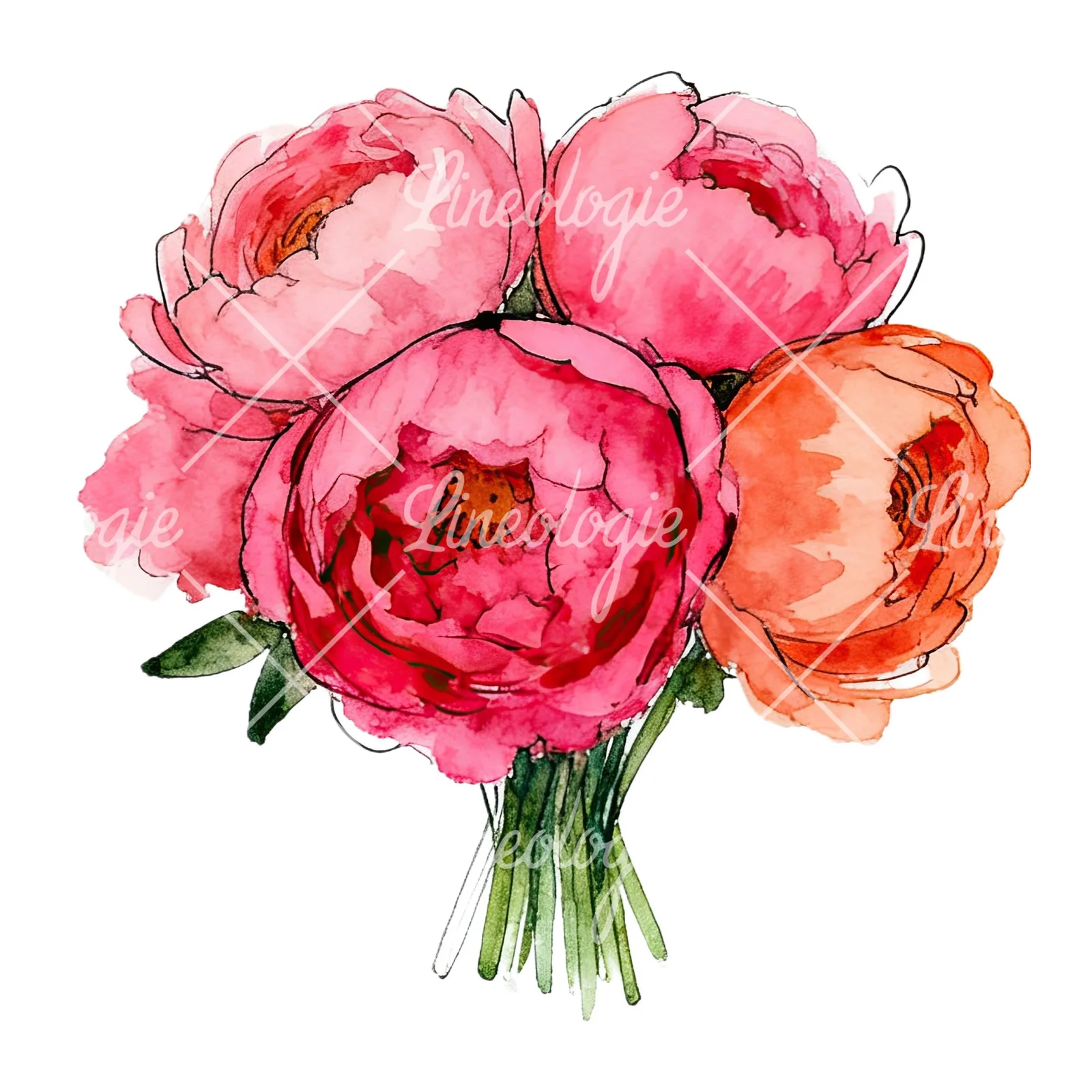 Watercolor hot pink and orange wedding bouquet clipart 6 of 12 on a white background (JPG)