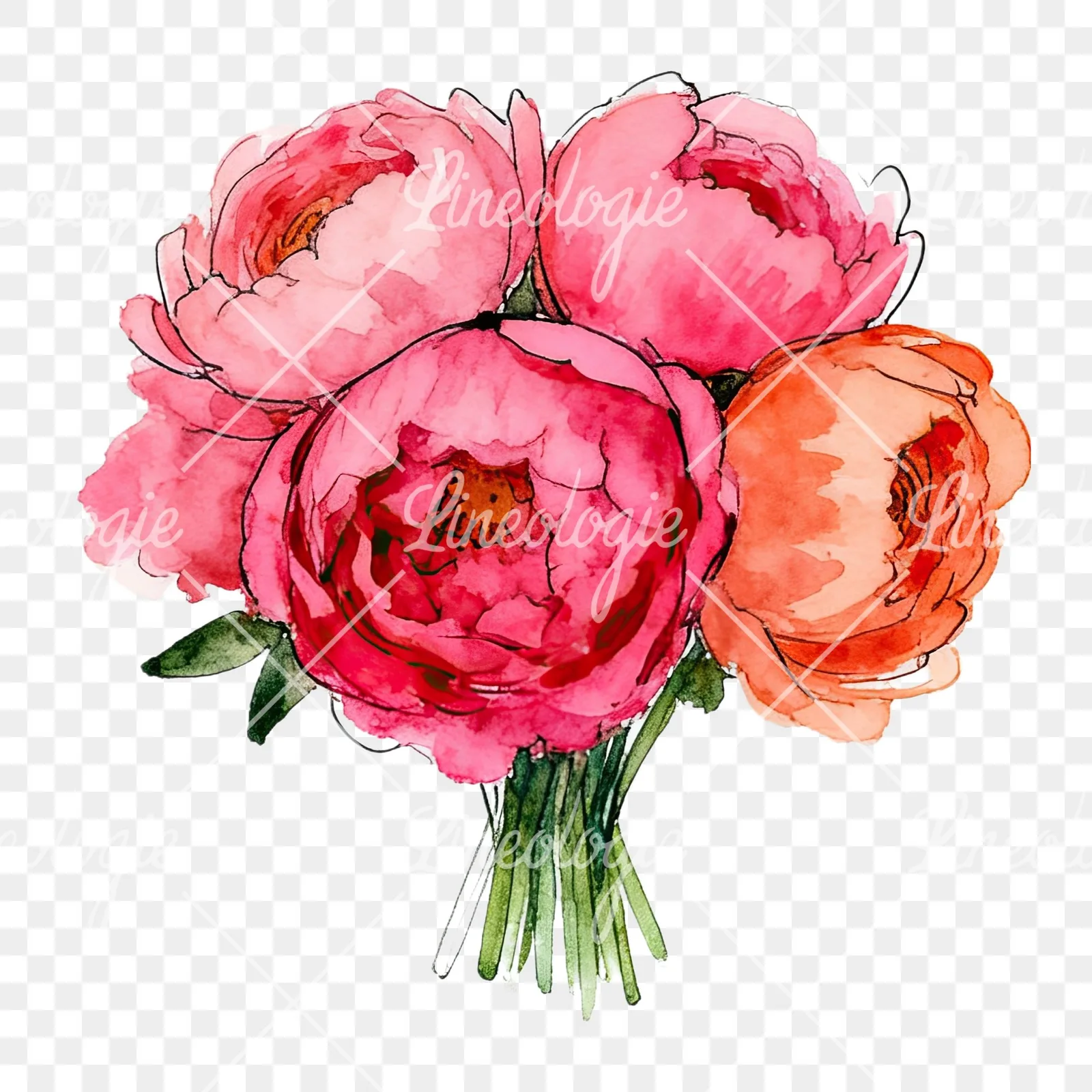 Watercolor hot pink and orange wedding bouquet clipart 6 of 12 on a transparent background (PNG)