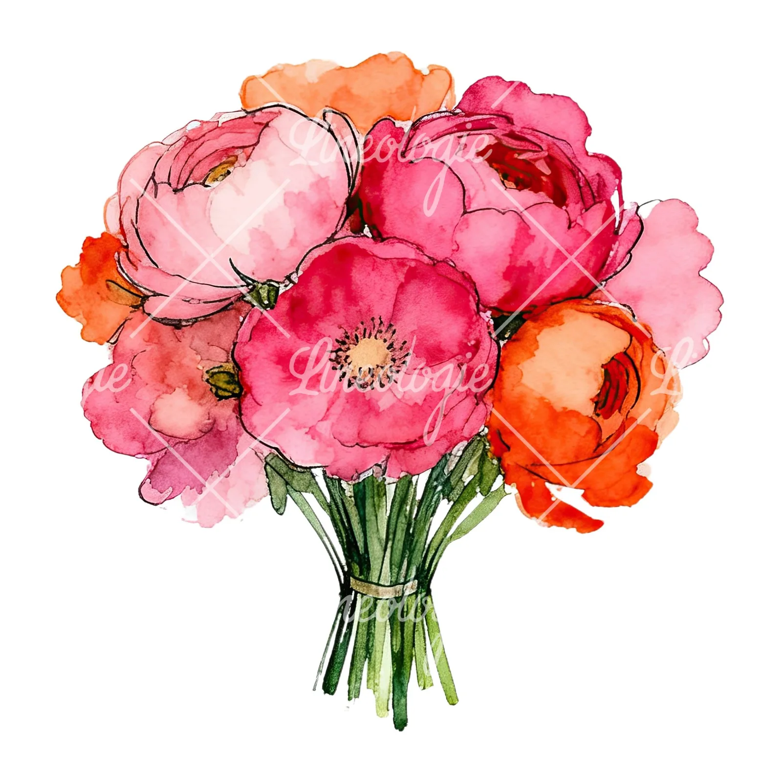 Watercolor hot pink and orange wedding bouquet clipart 7 of 12 on a white background (JPG)